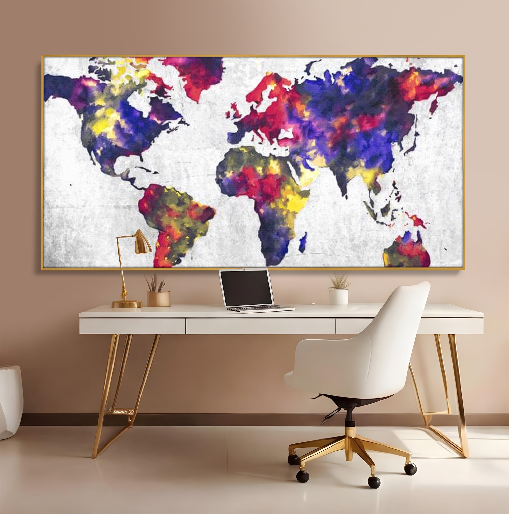 Tablou Canvas Premium, LuxCanva® L1007, Mapamond in Acuarela, Harta, Contemporan, International, Cromatic, Albastru, Galben, Culoare, Creativ, Abstract