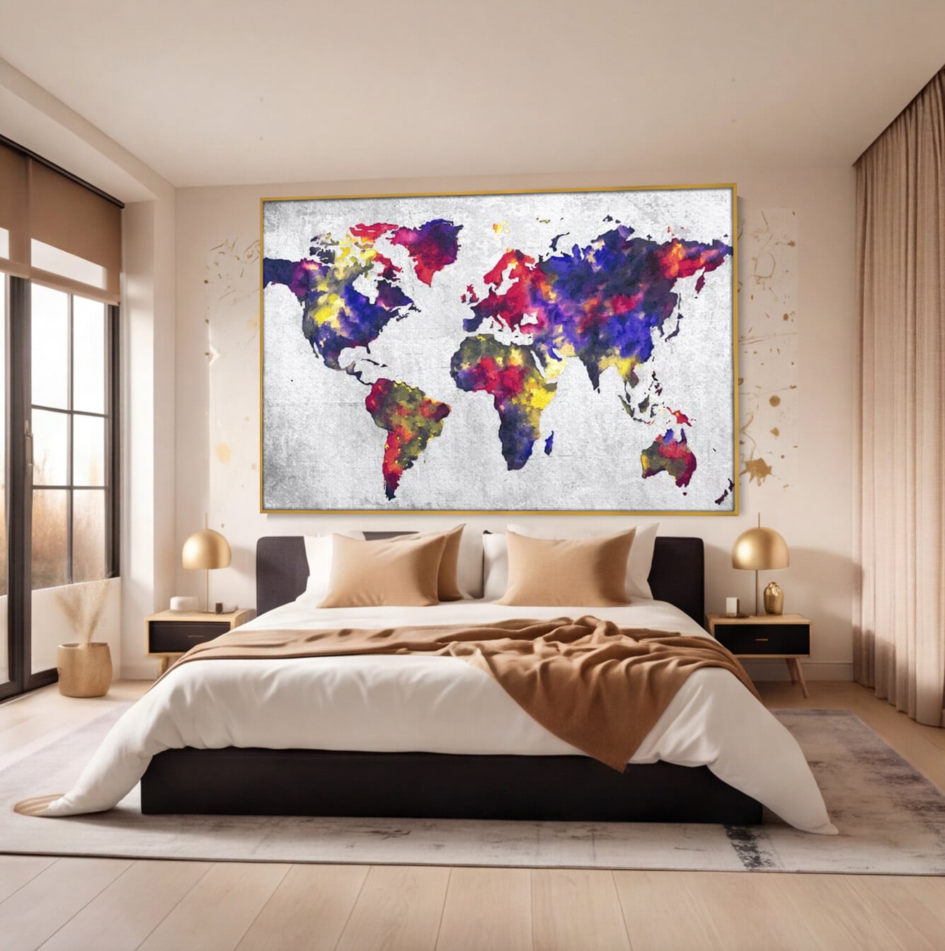 Tablou Canvas Premium, LuxCanva® L1007, Mapamond in Acuarela, Harta, Contemporan, International, Cromatic, Albastru, Galben, Culoare, Creativ, Abstract