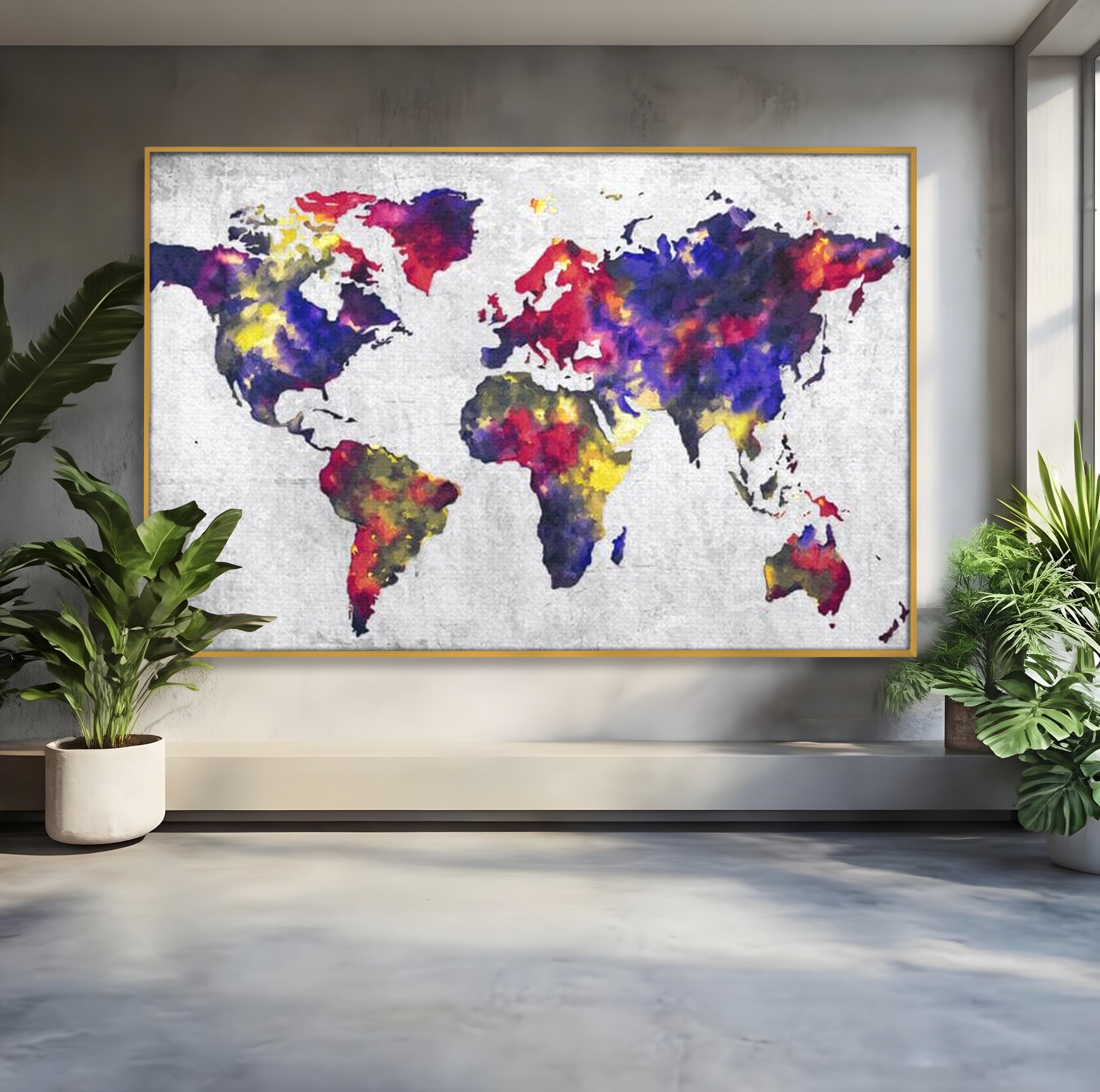Tablou Canvas Premium, LuxCanva® L1007, Mapamond in Acuarela, Harta, Contemporan, International, Cromatic, Albastru, Galben, Culoare, Creativ, Abstract