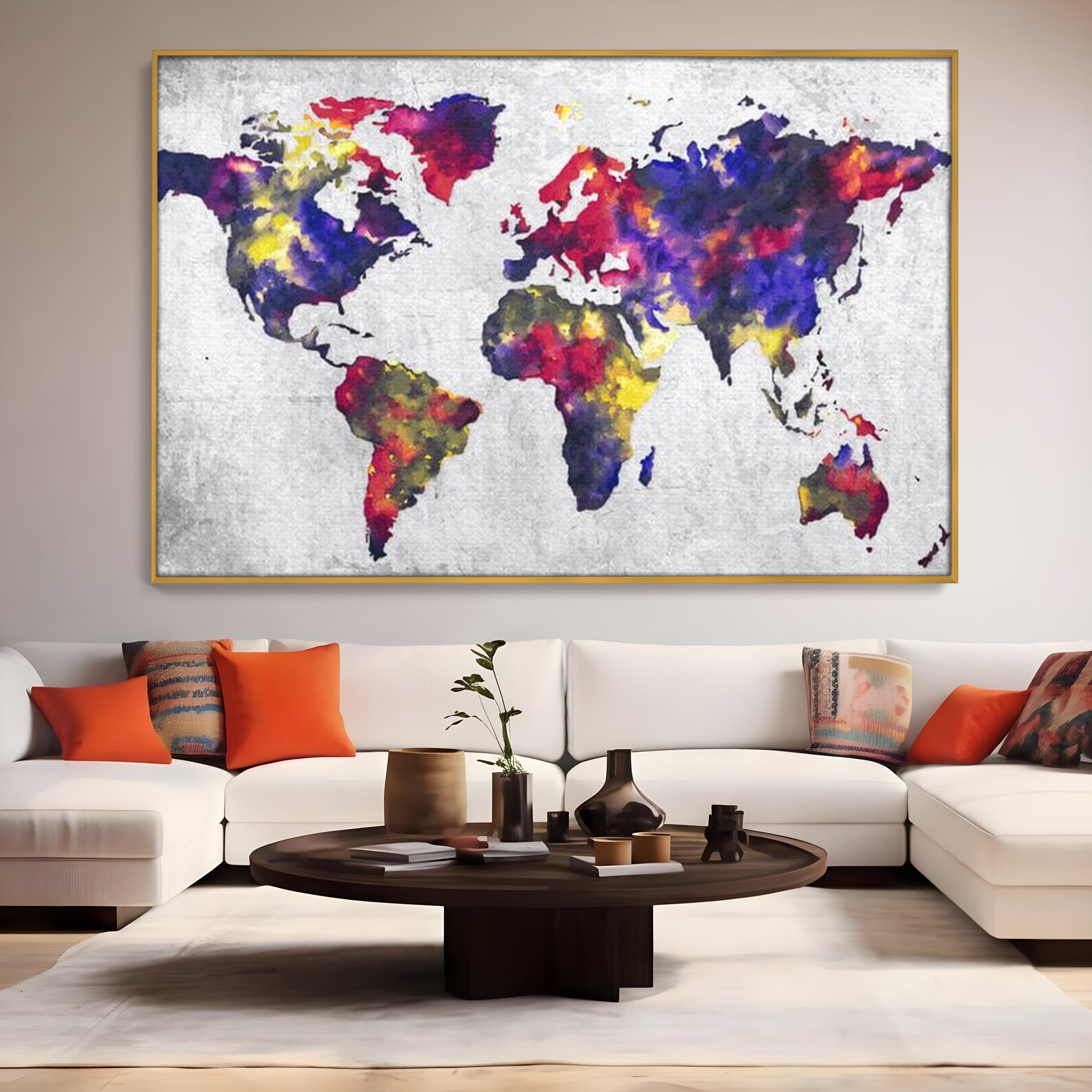 Tablou Canvas Premium, LuxCanva® L1007, Mapamond in Acuarela, Harta, Contemporan, International, Cromatic, Albastru, Galben, Culoare, Creativ, Abstract