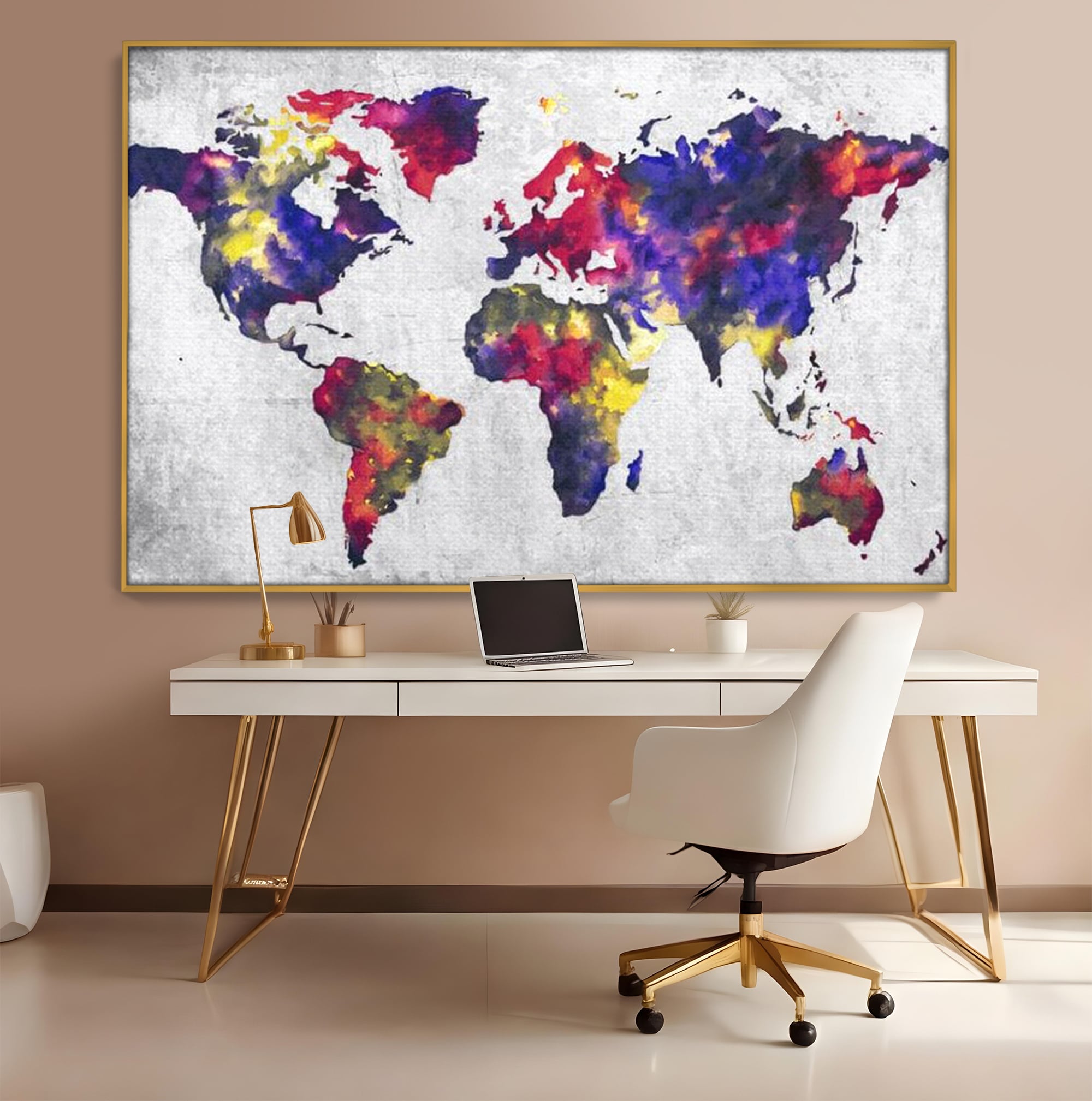 Tablou Canvas Premium, LuxCanva® L1007, Mapamond in Acuarela, Harta, Contemporan, International, Cromatic, Albastru, Galben, Culoare, Creativ, Abstract