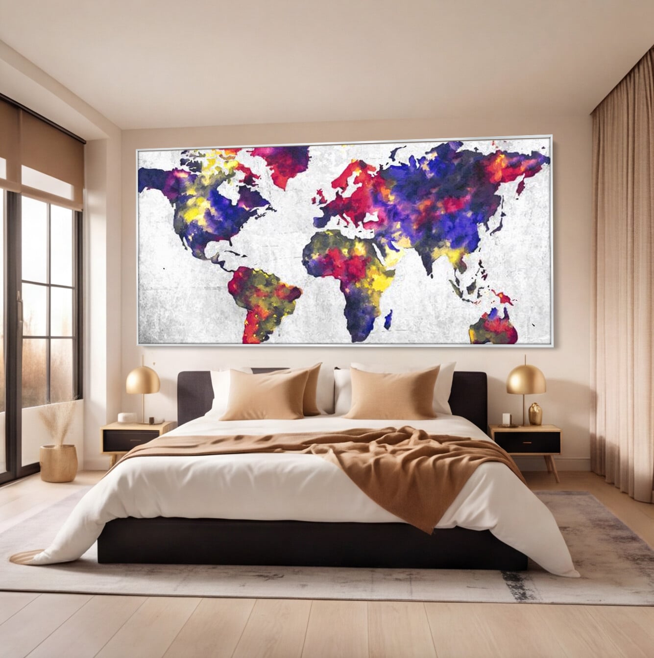 Tablou Canvas Premium, LuxCanva® L1007, Mapamond in Acuarela, Harta, Contemporan, International, Cromatic, Albastru, Galben, Culoare, Creativ, Abstract