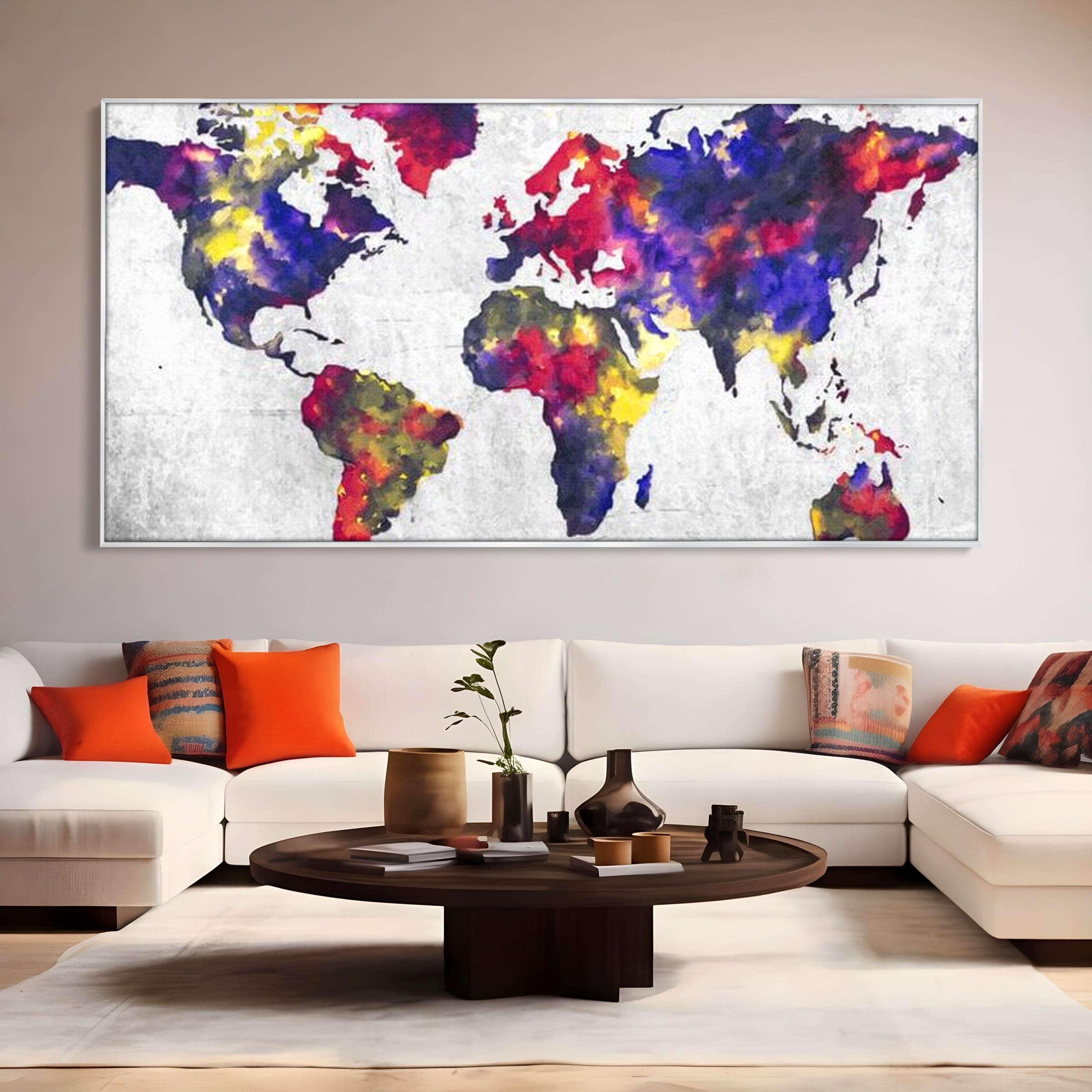 Tablou Canvas Premium, LuxCanva® L1007, Mapamond in Acuarela, Harta, Contemporan, International, Cromatic, Albastru, Galben, Culoare, Creativ, Abstract