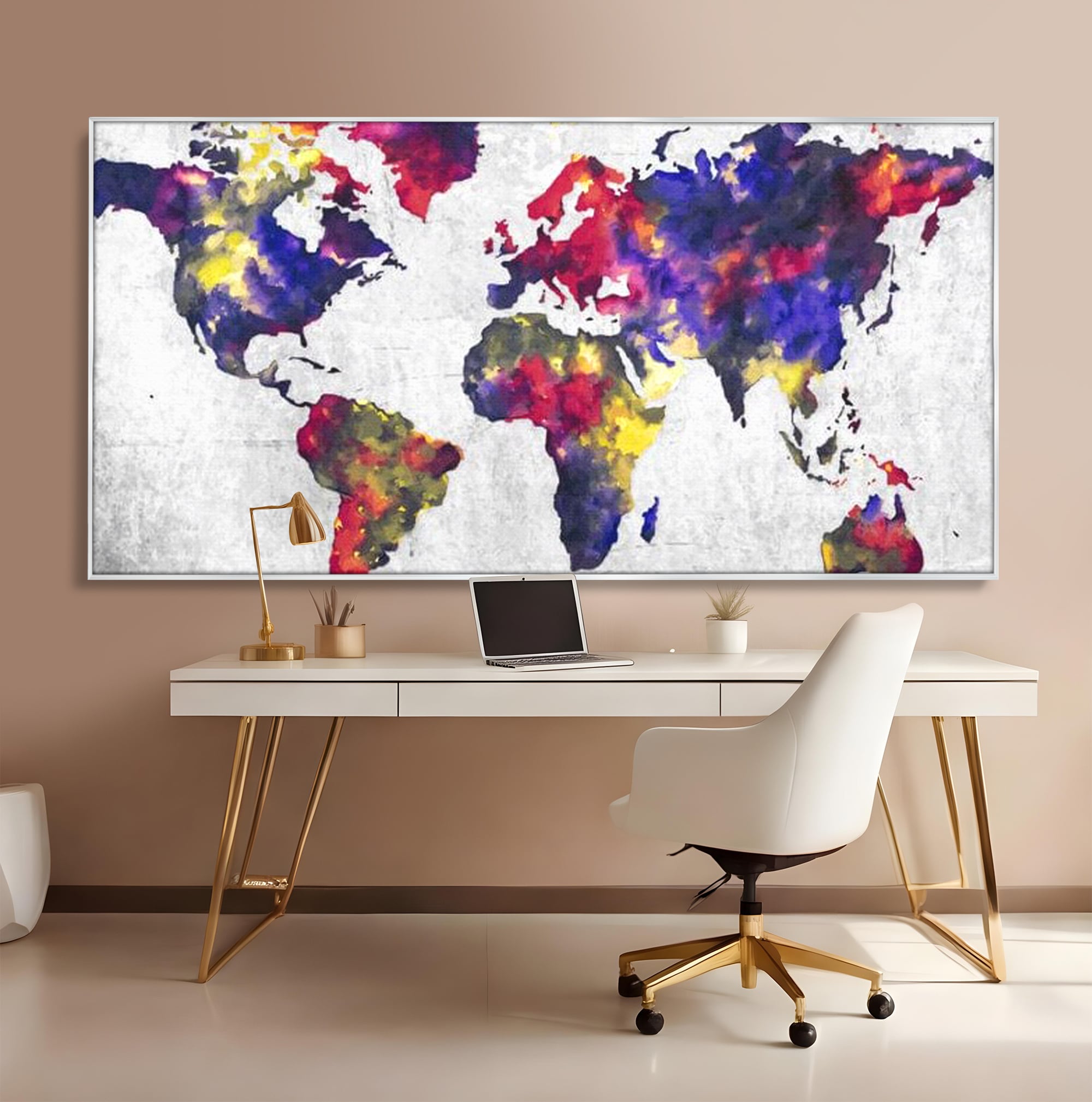 Tablou Canvas Premium, LuxCanva® L1007, Mapamond in Acuarela, Harta, Contemporan, International, Cromatic, Albastru, Galben, Culoare, Creativ, Abstract