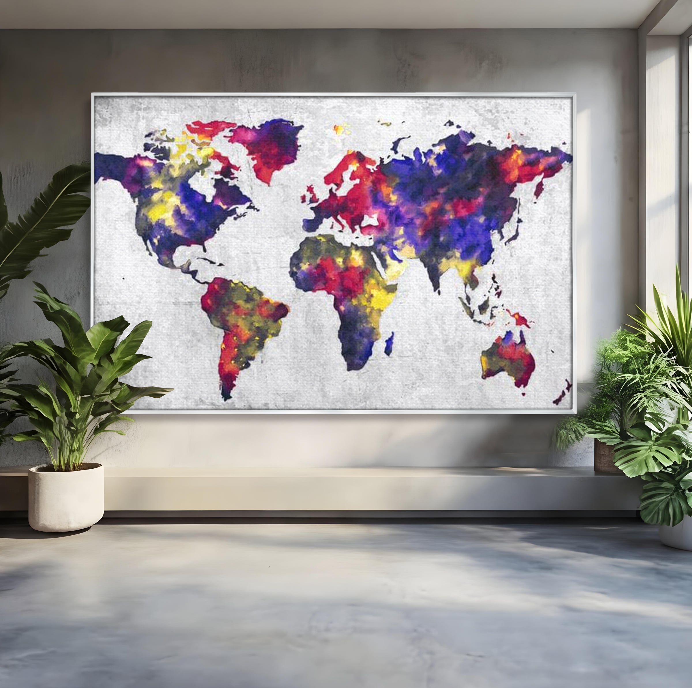 Tablou Canvas Premium, LuxCanva® L1007, Mapamond in Acuarela, Harta, Contemporan, International, Cromatic, Albastru, Galben, Culoare, Creativ, Abstract