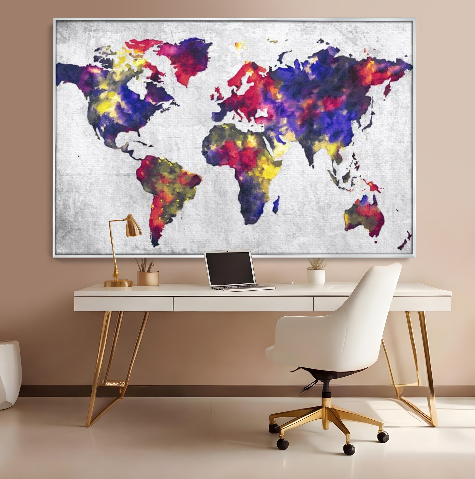 Tablou Canvas Premium, LuxCanva® L1007, Mapamond in Acuarela, Harta, Contemporan, International, Cromatic, Albastru, Galben, Culoare, Creativ, Abstract