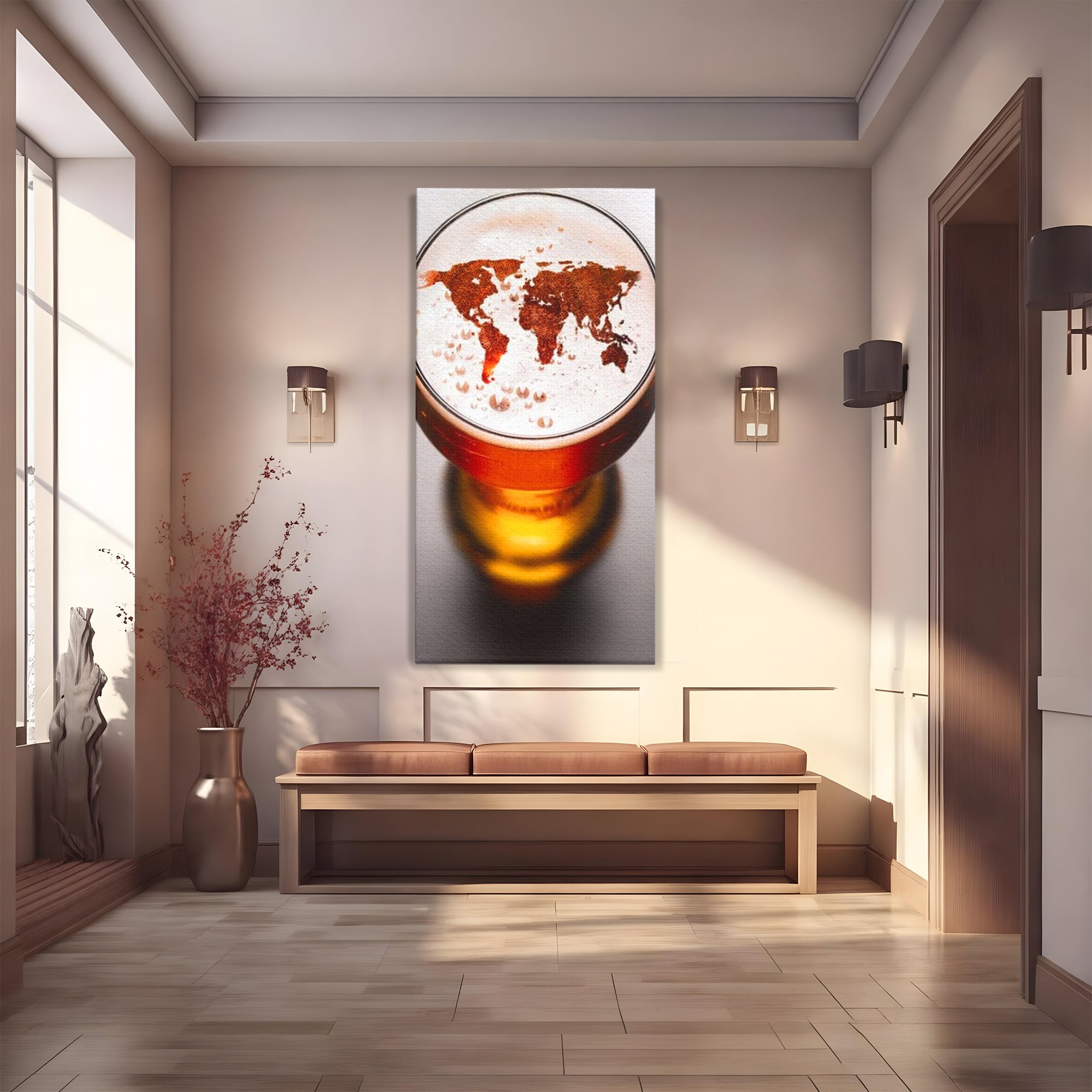 Tablou Canvas Premium, LuxCanva® L1010, Geografie in Pahar, Harta, Pahar, Vintage, Modern, Geografie, Global