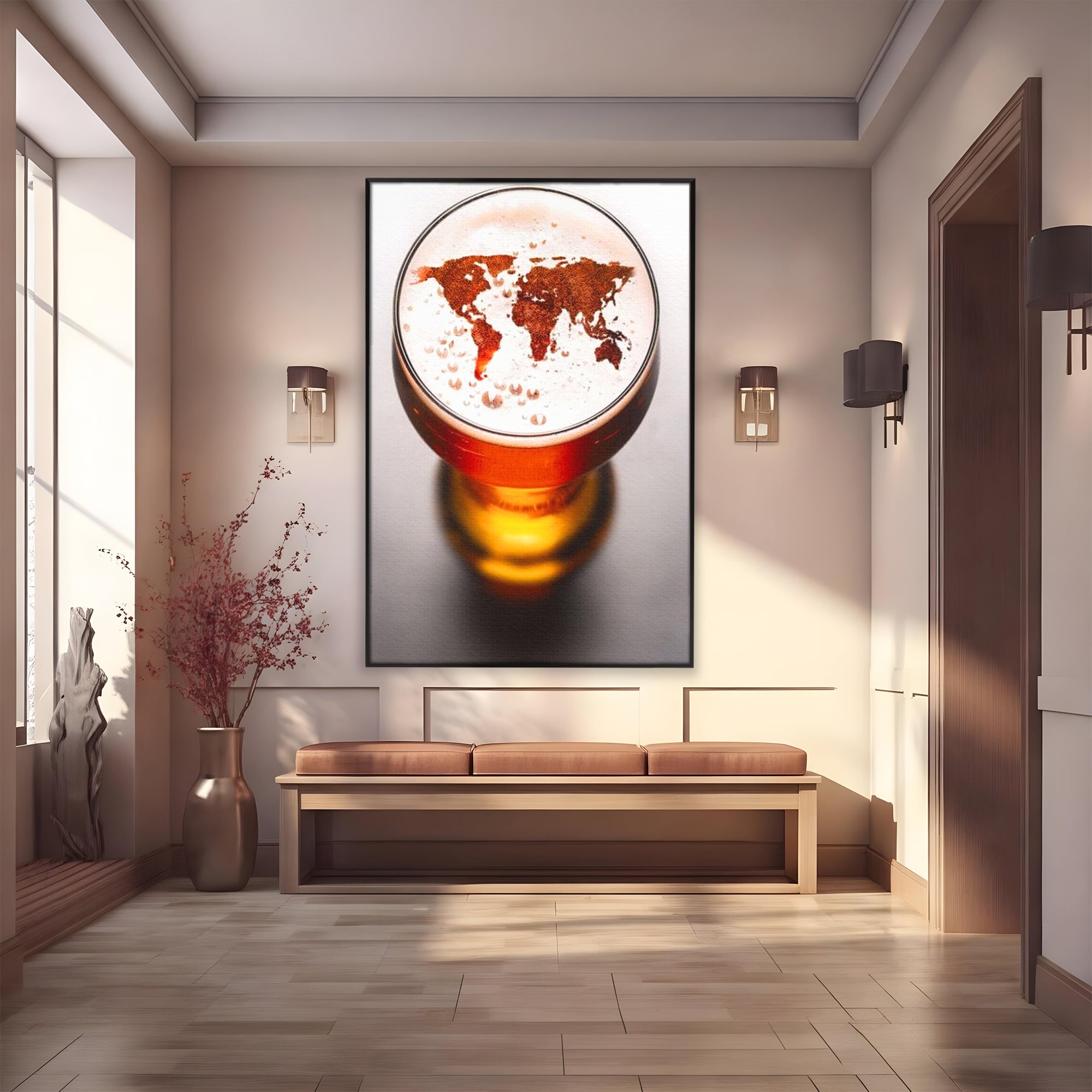 Tablou Canvas Premium, LuxCanva® L1010, Geografie in Pahar, Harta, Pahar, Vintage, Modern, Geografie, Global