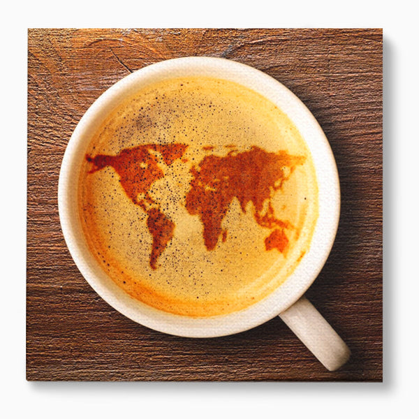 Leinwand Wandkunst Canvas Premium, LuxCanva® L1011, Kontinente in Tasse, Karte, Kaffee, Tasse, modern, künstlerisch, Design, Cafe, Büro, Wohnen, Kinderzimmer