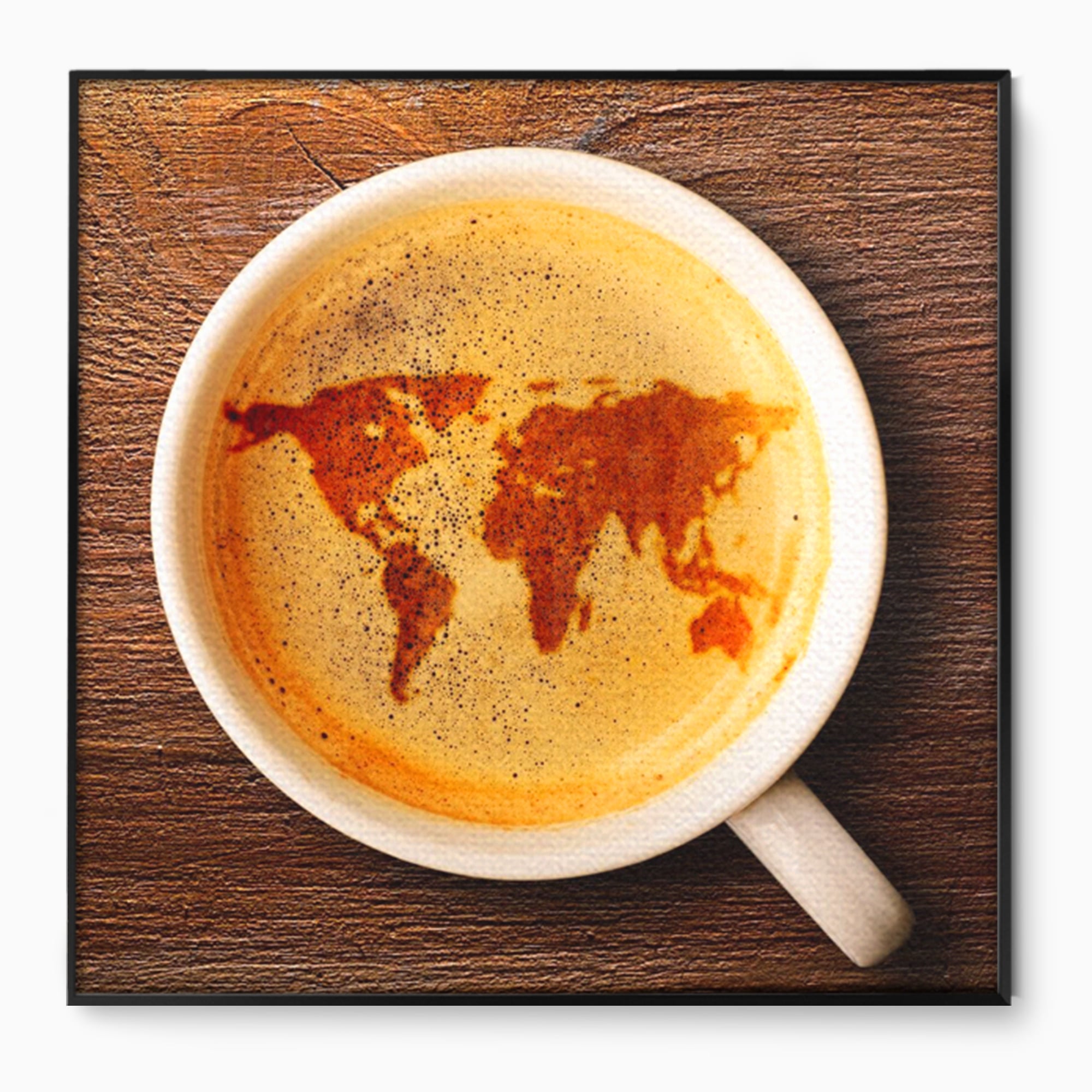 Leinwand Wandkunst Canvas Premium, LuxCanva® L1011, Kontinente in Tasse, Karte, Kaffee, Tasse, modern, künstlerisch, Design, Cafe, Büro, Wohnen, Kinderzimmer