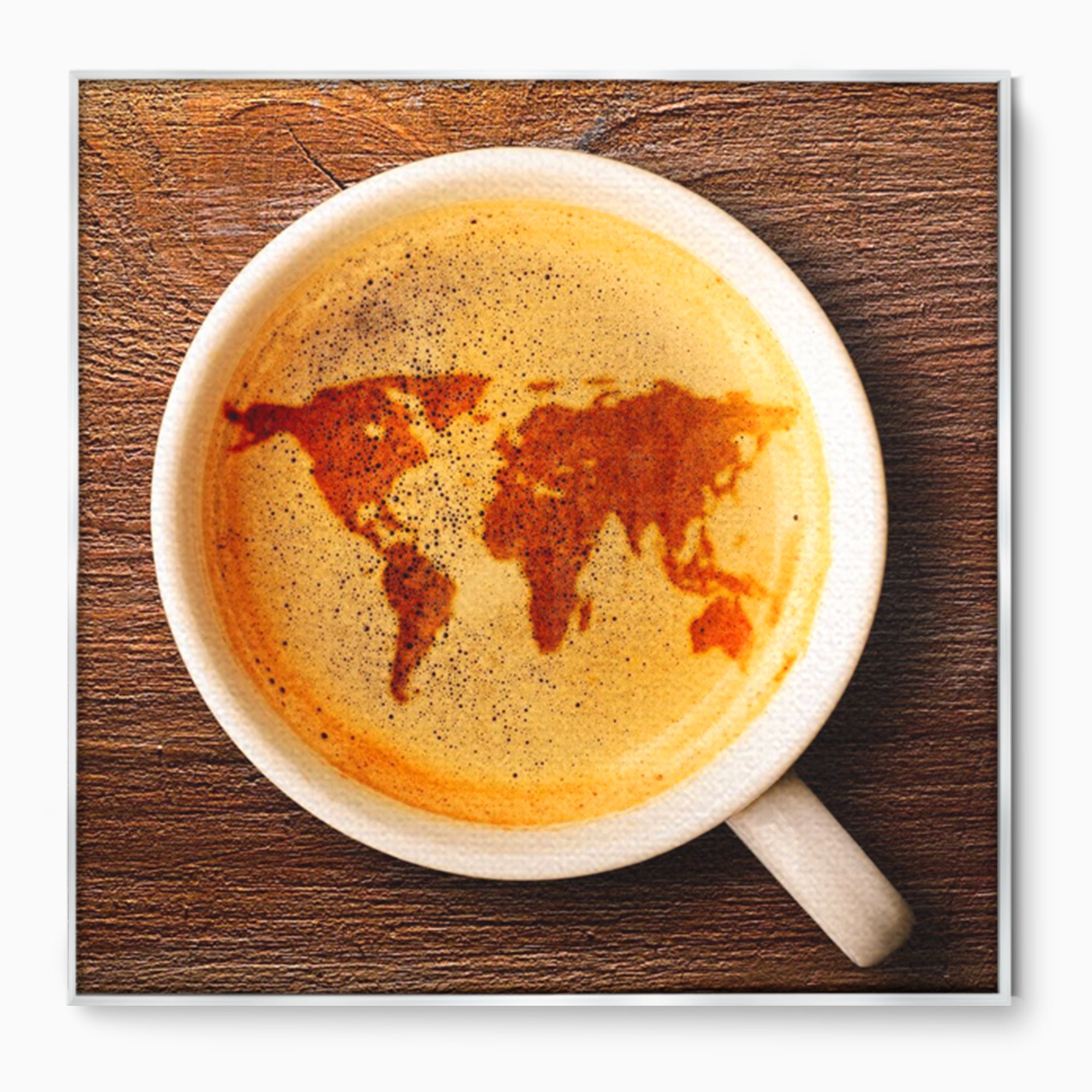 Leinwand Wandkunst Canvas Premium, LuxCanva® L1011, Kontinente in Tasse, Karte, Kaffee, Tasse, modern, künstlerisch, Design, Cafe, Büro, Wohnen, Kinderzimmer