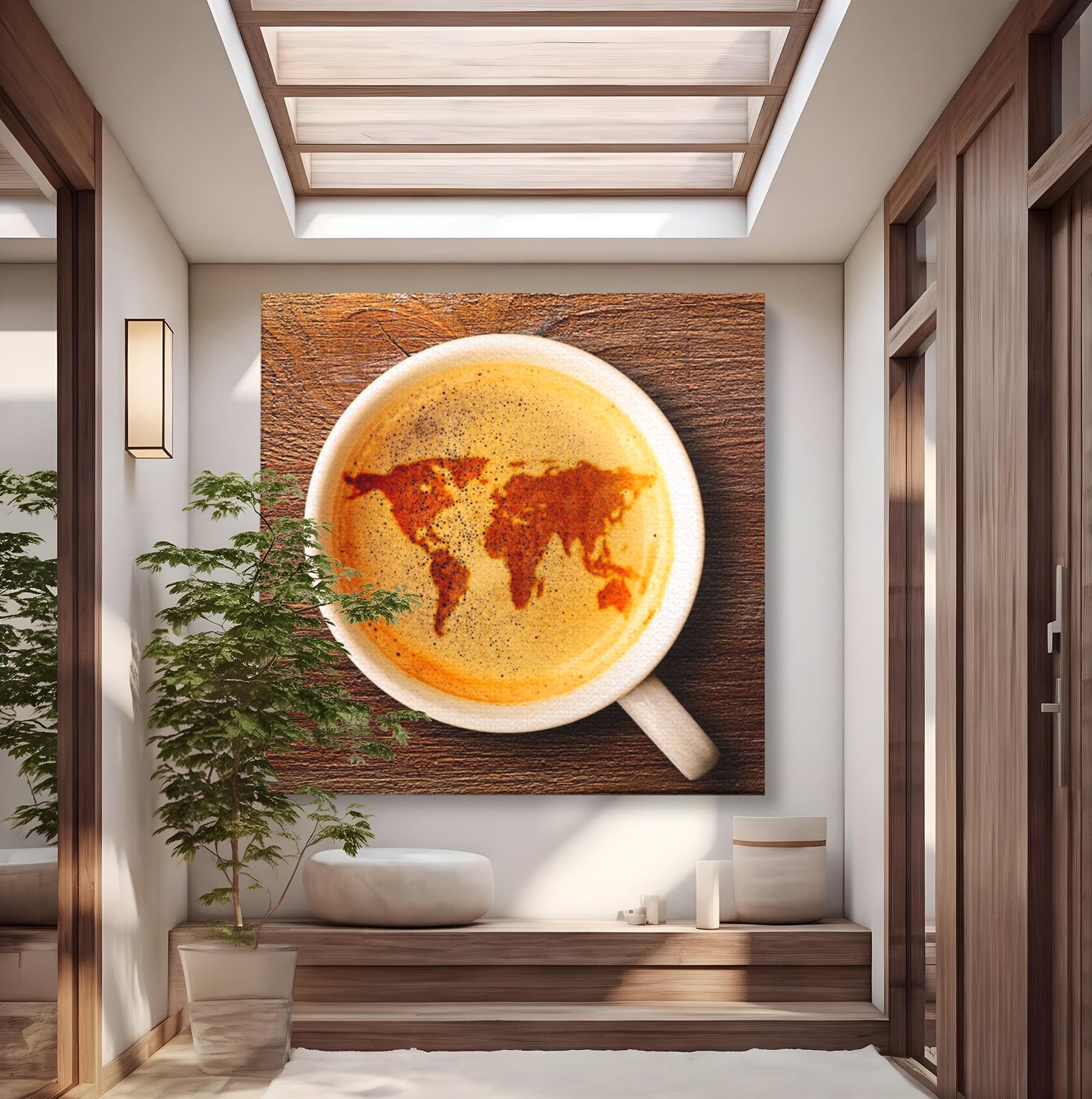 Leinwand Wandkunst Canvas Premium, LuxCanva® L1011, Kontinente in Tasse, Karte, Kaffee, Tasse, modern, künstlerisch, Design, Cafe, Büro, Wohnen, Kinderzimmer