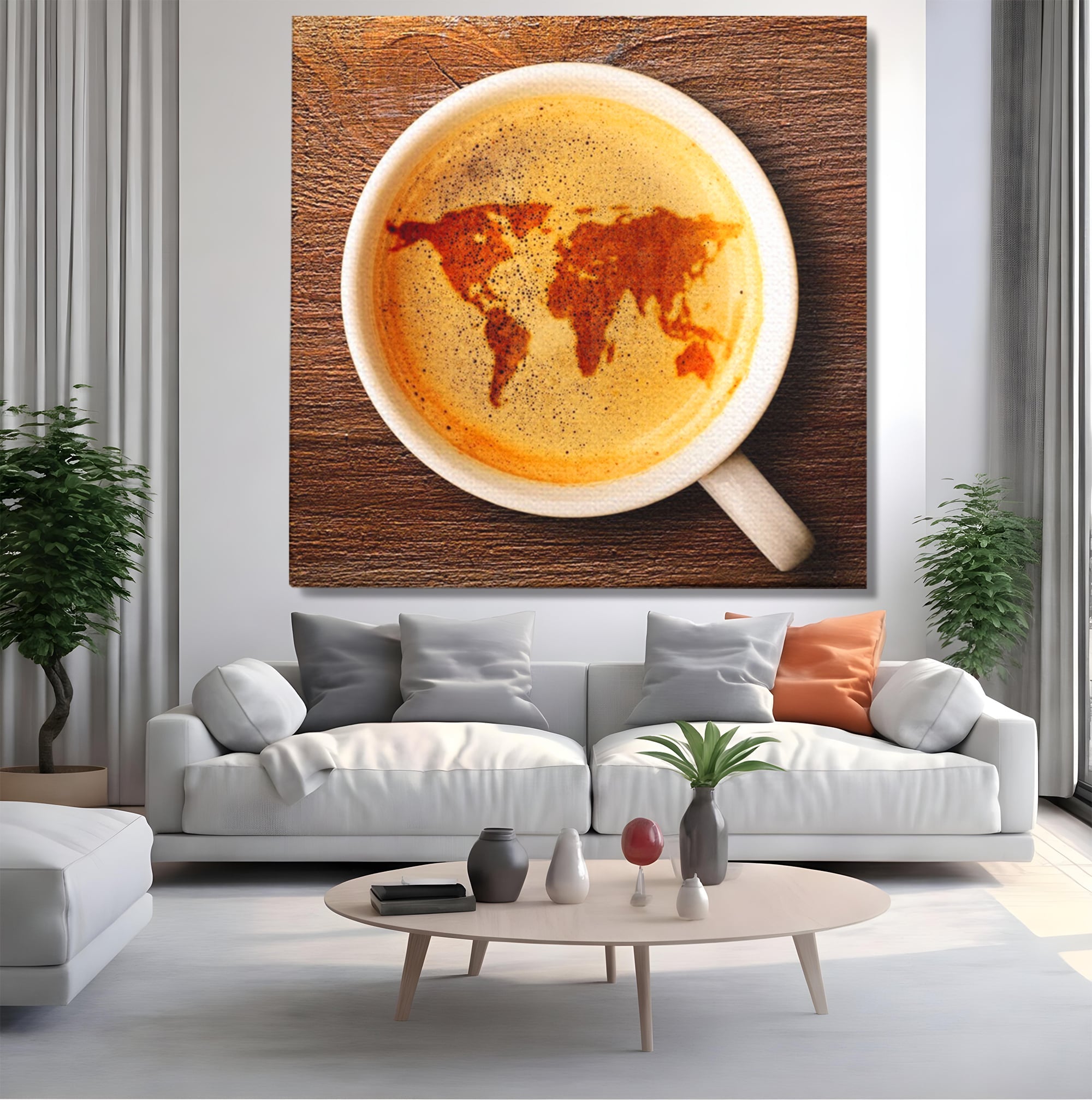 Leinwand Wandkunst Canvas Premium, LuxCanva® L1011, Kontinente in Tasse, Karte, Kaffee, Tasse, modern, künstlerisch, Design, Cafe, Büro, Wohnen, Kinderzimmer