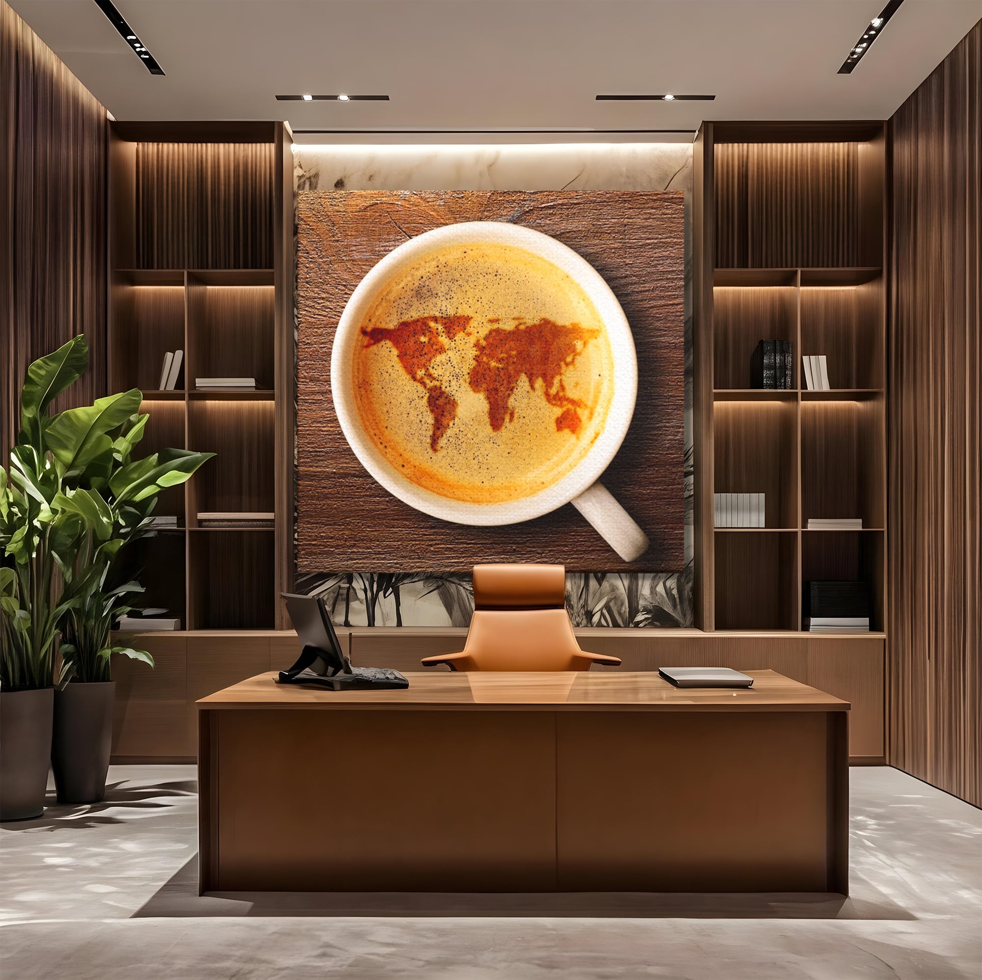 Leinwand Wandkunst Canvas Premium, LuxCanva® L1011, Kontinente in Tasse, Karte, Kaffee, Tasse, modern, künstlerisch, Design, Cafe, Büro, Wohnen, Kinderzimmer