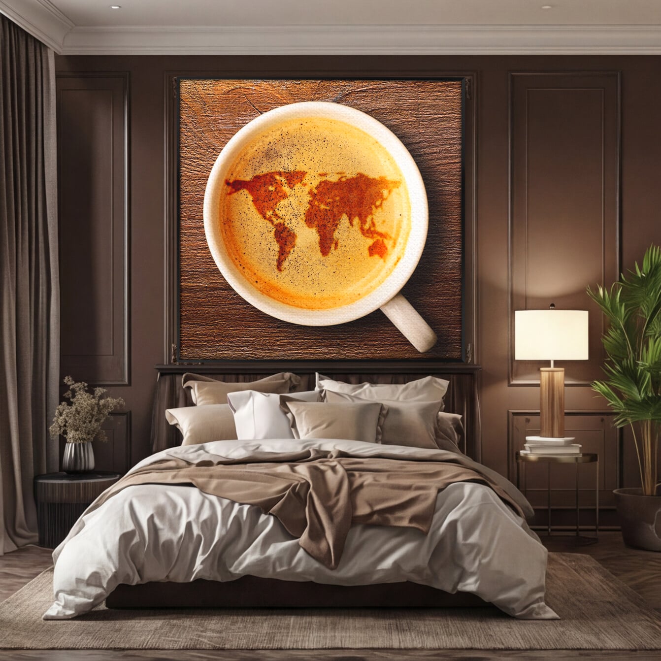 Leinwand Wandkunst Canvas Premium, LuxCanva® L1011, Kontinente in Tasse, Karte, Kaffee, Tasse, modern, künstlerisch, Design, Cafe, Büro, Wohnen, Kinderzimmer