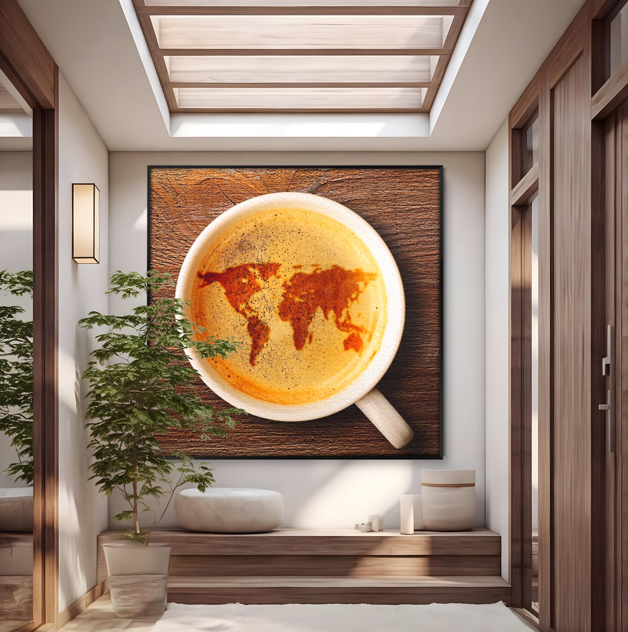 Leinwand Wandkunst Canvas Premium, LuxCanva® L1011, Kontinente in Tasse, Karte, Kaffee, Tasse, modern, künstlerisch, Design, Cafe, Büro, Wohnen, Kinderzimmer