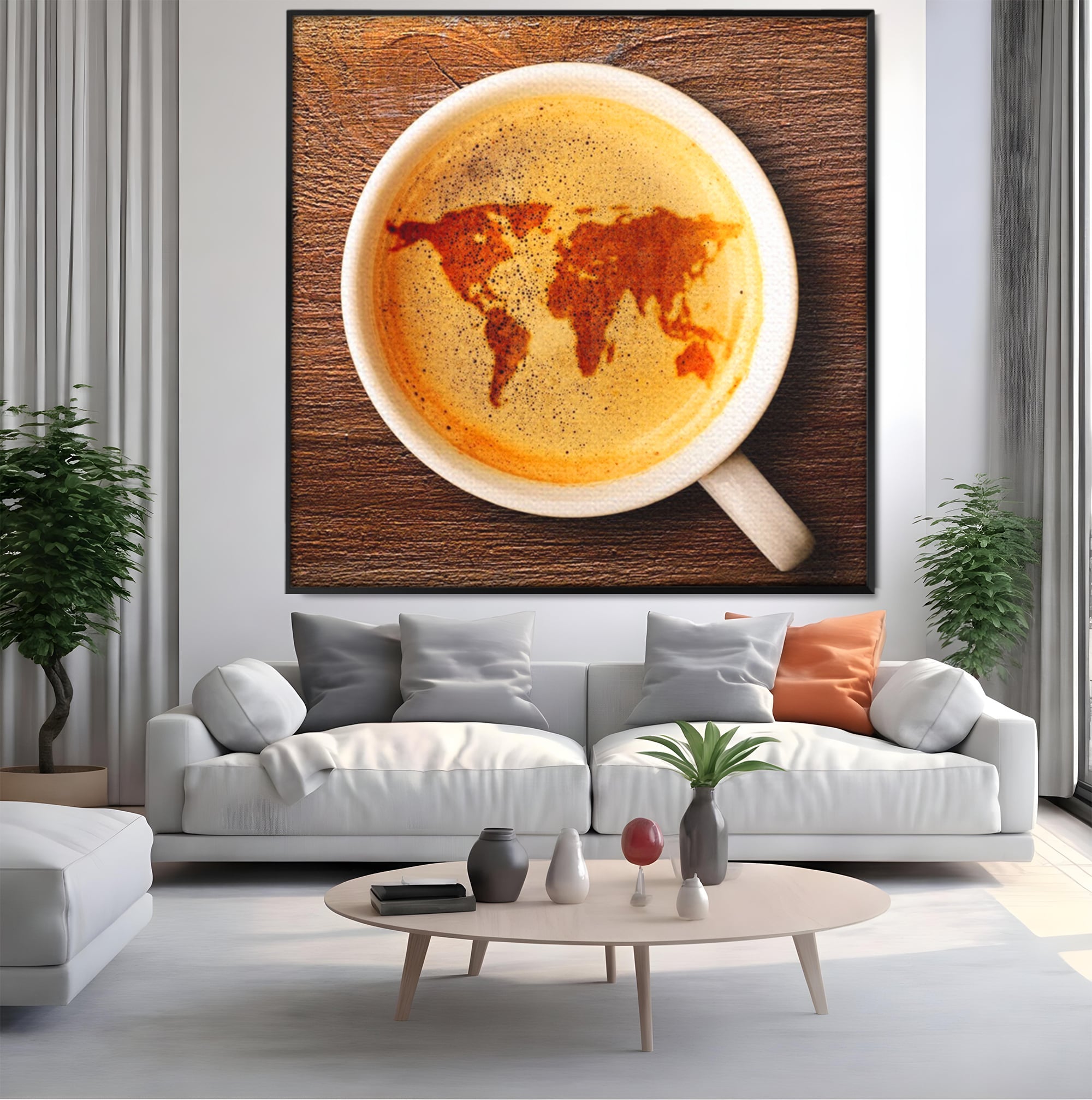 Leinwand Wandkunst Canvas Premium, LuxCanva® L1011, Kontinente in Tasse, Karte, Kaffee, Tasse, modern, künstlerisch, Design, Cafe, Büro, Wohnen, Kinderzimmer
