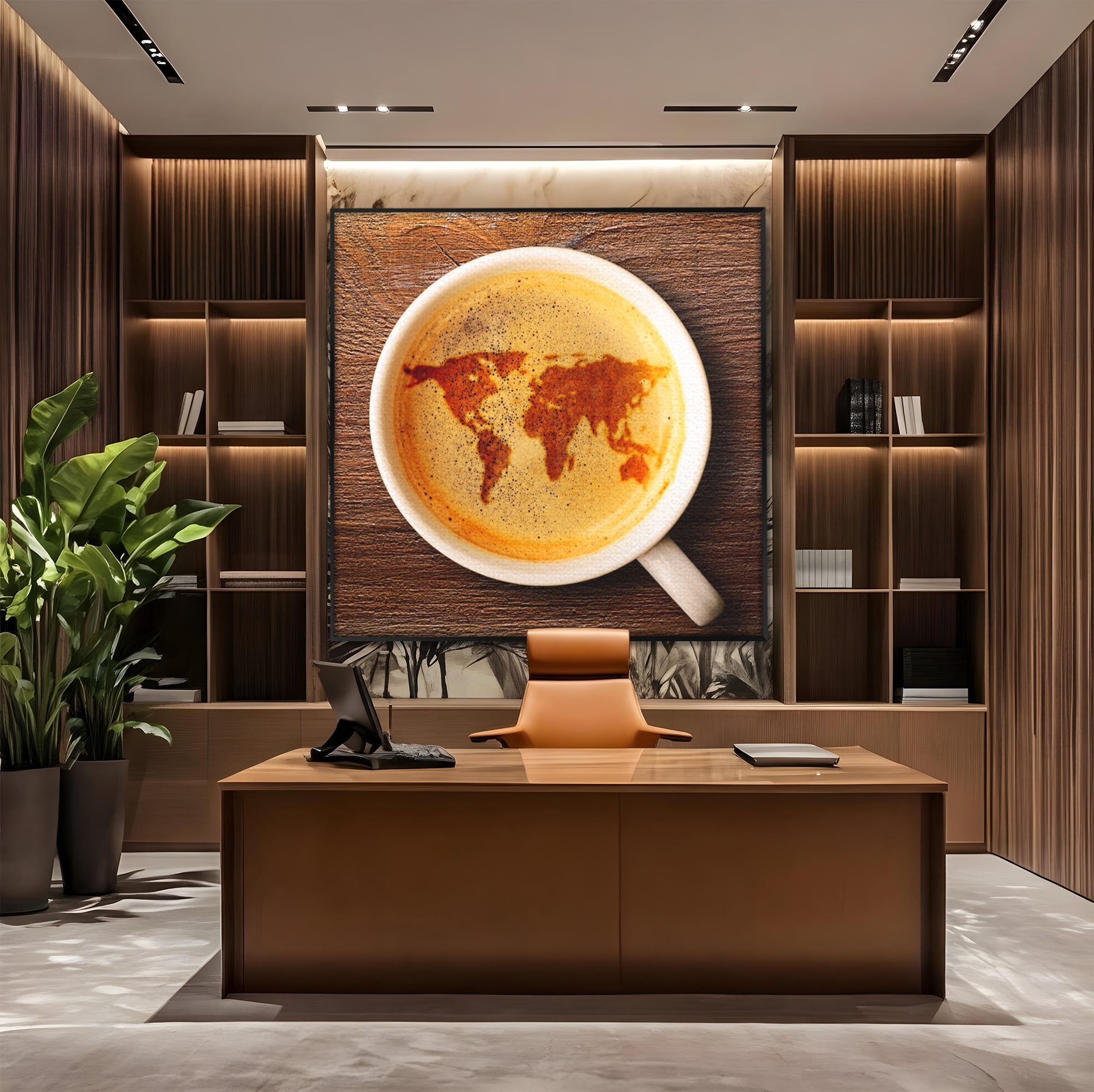 Leinwand Wandkunst Canvas Premium, LuxCanva® L1011, Kontinente in Tasse, Karte, Kaffee, Tasse, modern, künstlerisch, Design, Cafe, Büro, Wohnen, Kinderzimmer
