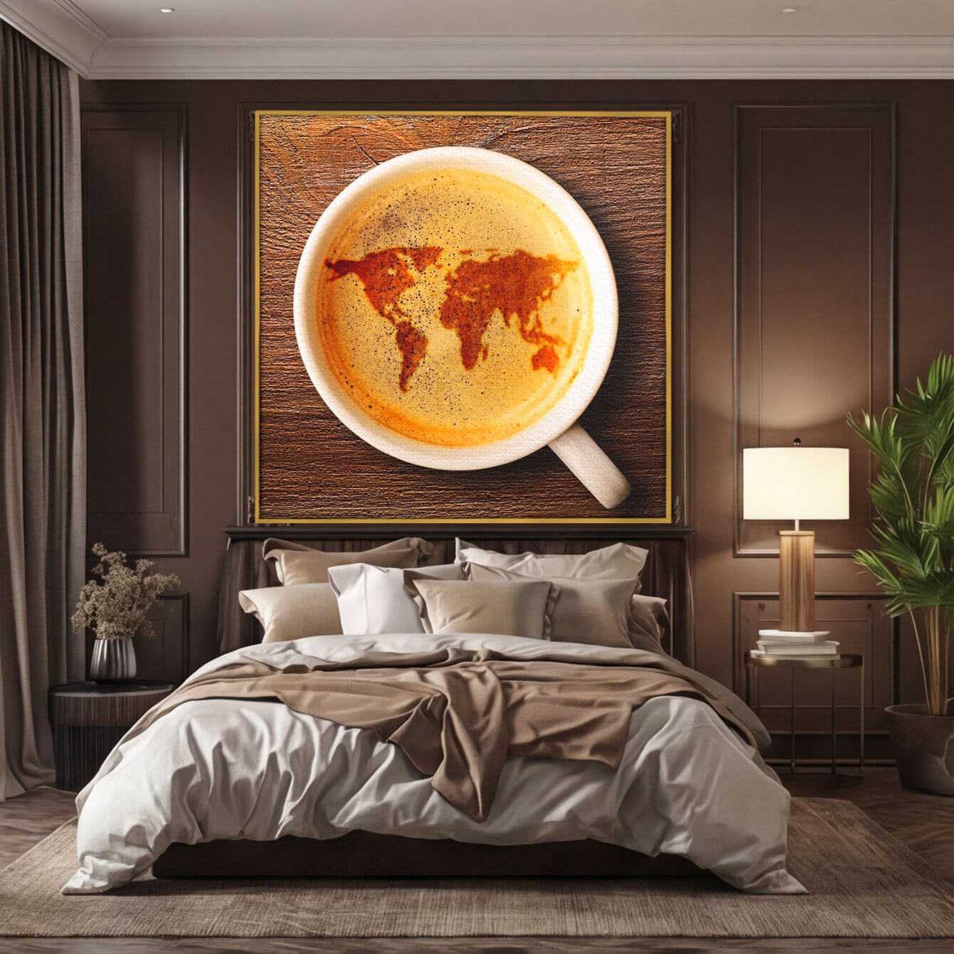Leinwand Wandkunst Canvas Premium, LuxCanva® L1011, Kontinente in Tasse, Karte, Kaffee, Tasse, modern, künstlerisch, Design, Cafe, Büro, Wohnen, Kinderzimmer