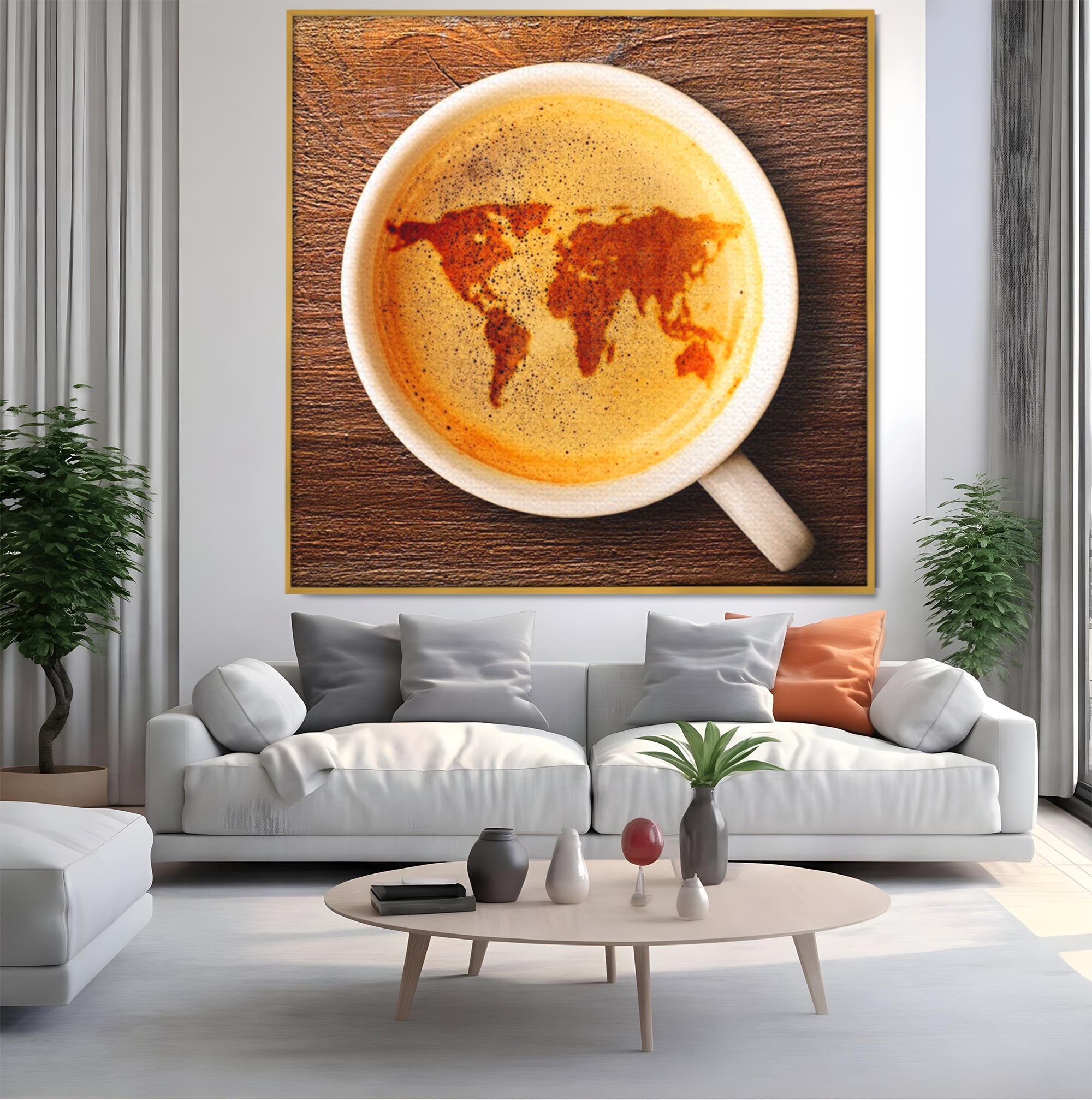Leinwand Wandkunst Canvas Premium, LuxCanva® L1011, Kontinente in Tasse, Karte, Kaffee, Tasse, modern, künstlerisch, Design, Cafe, Büro, Wohnen, Kinderzimmer