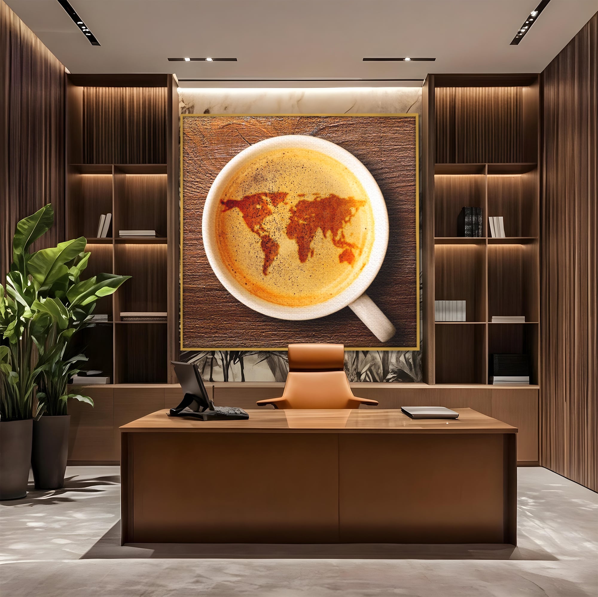 Leinwand Wandkunst Canvas Premium, LuxCanva® L1011, Kontinente in Tasse, Karte, Kaffee, Tasse, modern, künstlerisch, Design, Cafe, Büro, Wohnen, Kinderzimmer