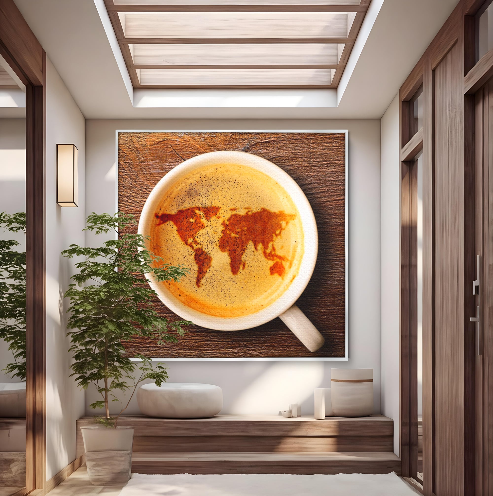Leinwand Wandkunst Canvas Premium, LuxCanva® L1011, Kontinente in Tasse, Karte, Kaffee, Tasse, modern, künstlerisch, Design, Cafe, Büro, Wohnen, Kinderzimmer