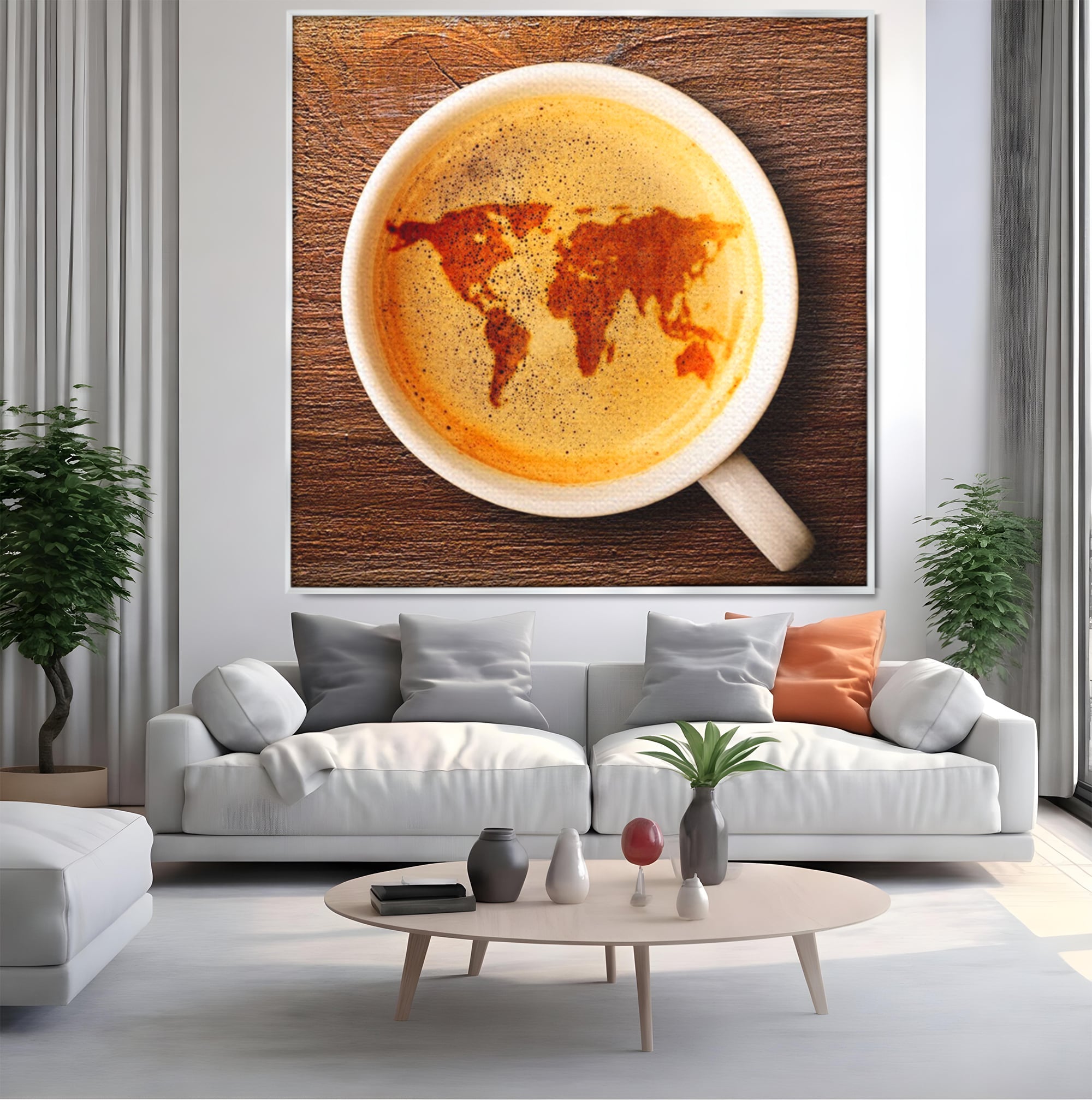 Leinwand Wandkunst Canvas Premium, LuxCanva® L1011, Kontinente in Tasse, Karte, Kaffee, Tasse, modern, künstlerisch, Design, Cafe, Büro, Wohnen, Kinderzimmer