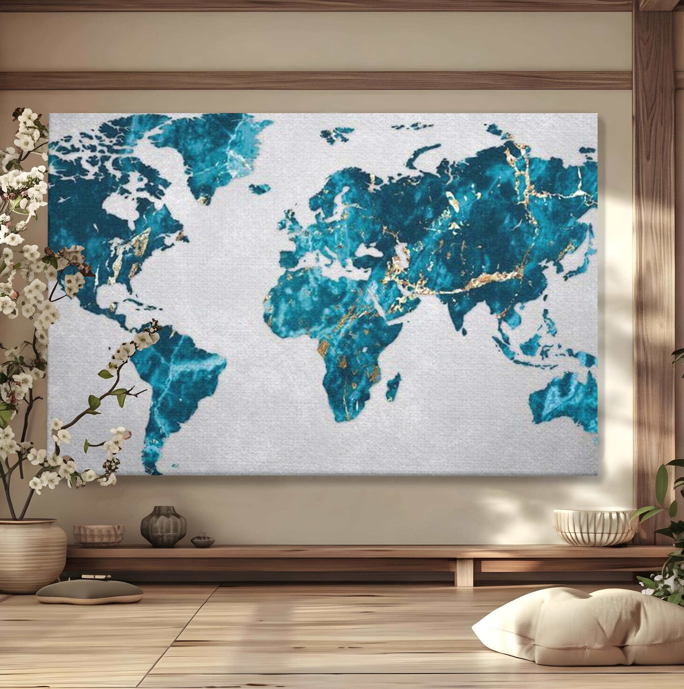 Tablou Canvas Premium, LuxCanva® L1012, Atlas de Safir, Harta, Albastru, Marmura, Auriu, Arta, Geografie, Birou, Living, Camera Copii