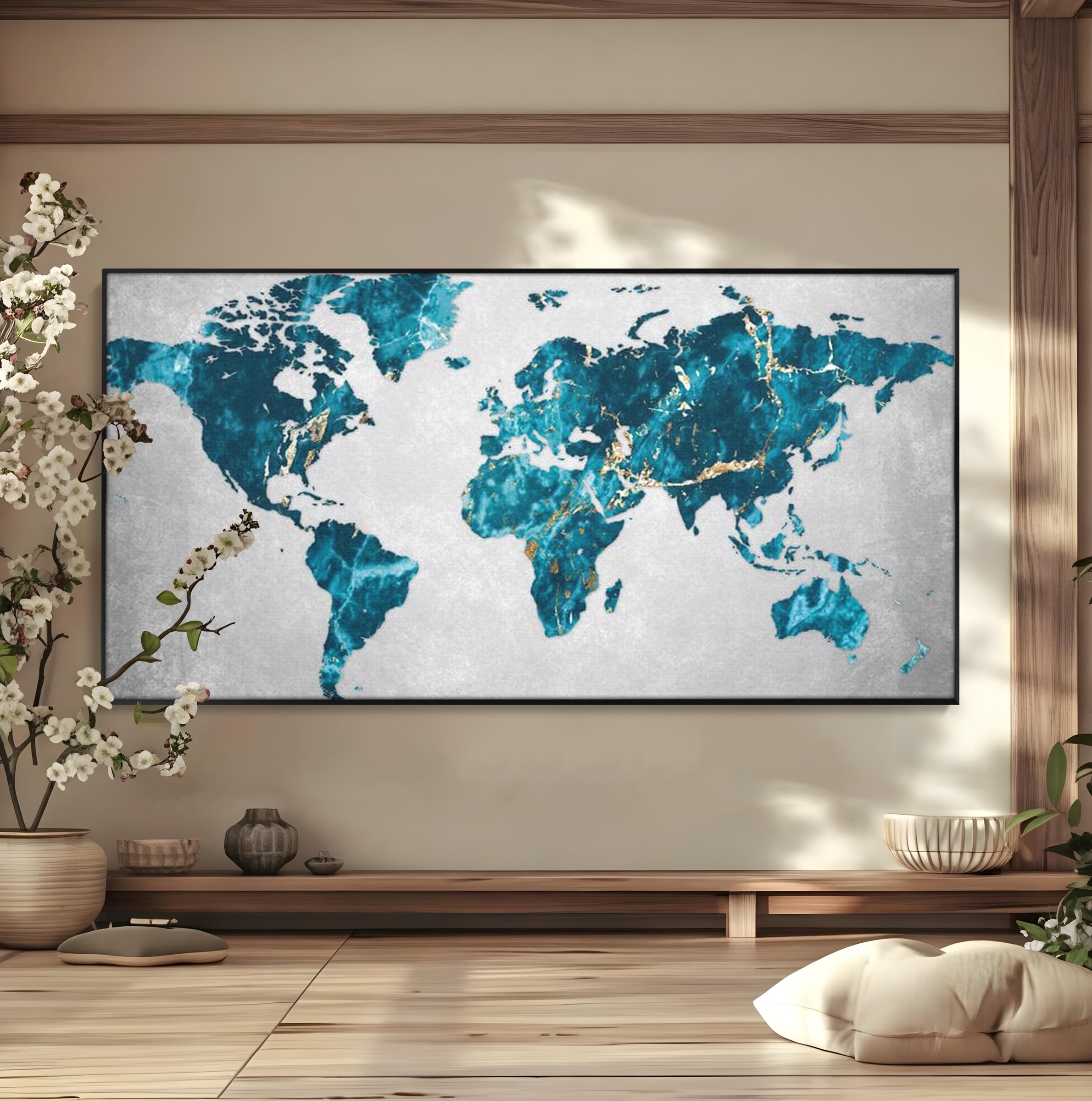 Tablou Canvas Premium, LuxCanva® L1012, Atlas de Safir, Harta, Albastru, Marmura, Auriu, Arta, Geografie, Birou, Living, Camera Copii
