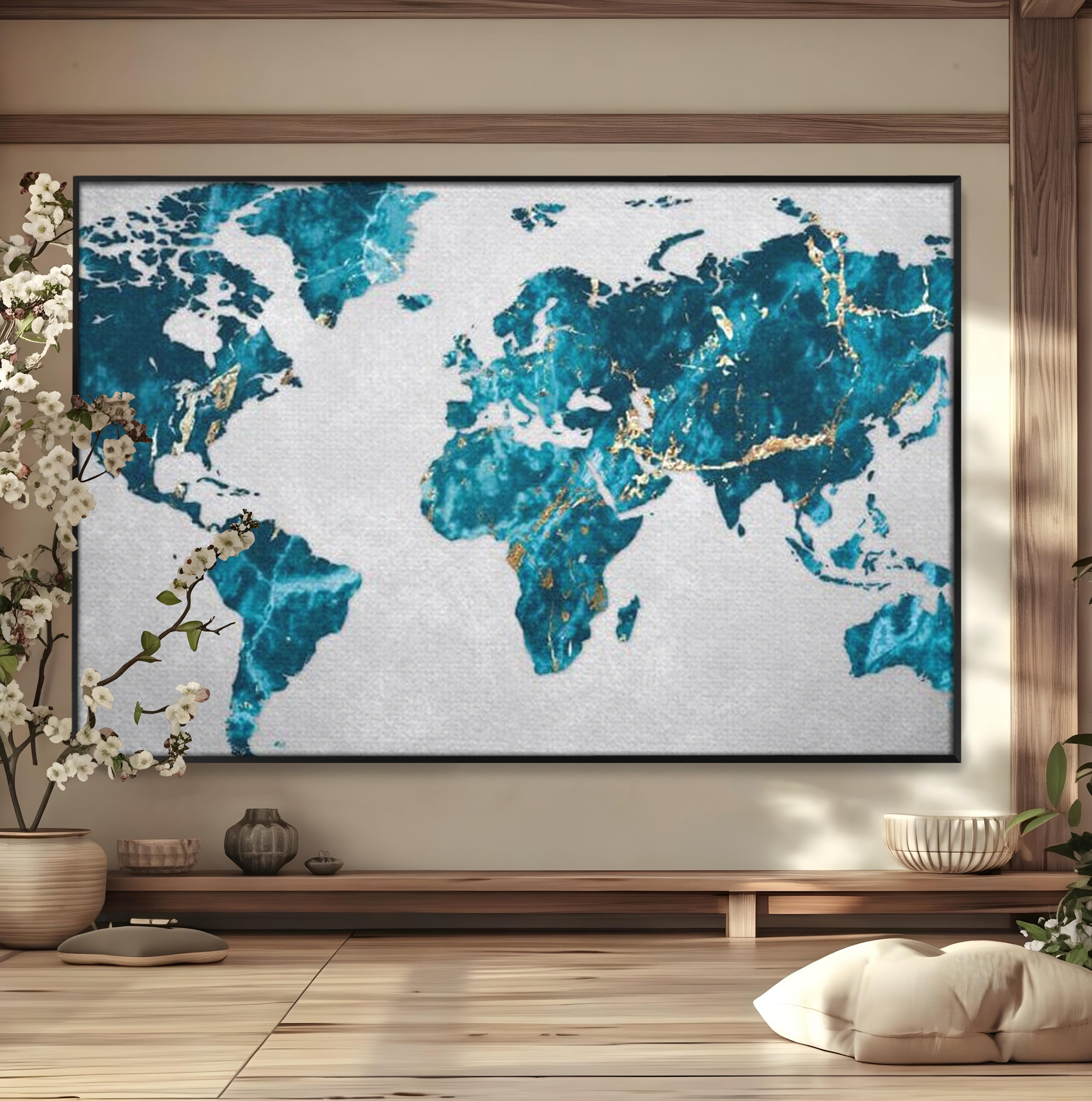 Tablou Canvas Premium, LuxCanva® L1012, Atlas de Safir, Harta, Albastru, Marmura, Auriu, Arta, Geografie, Birou, Living, Camera Copii