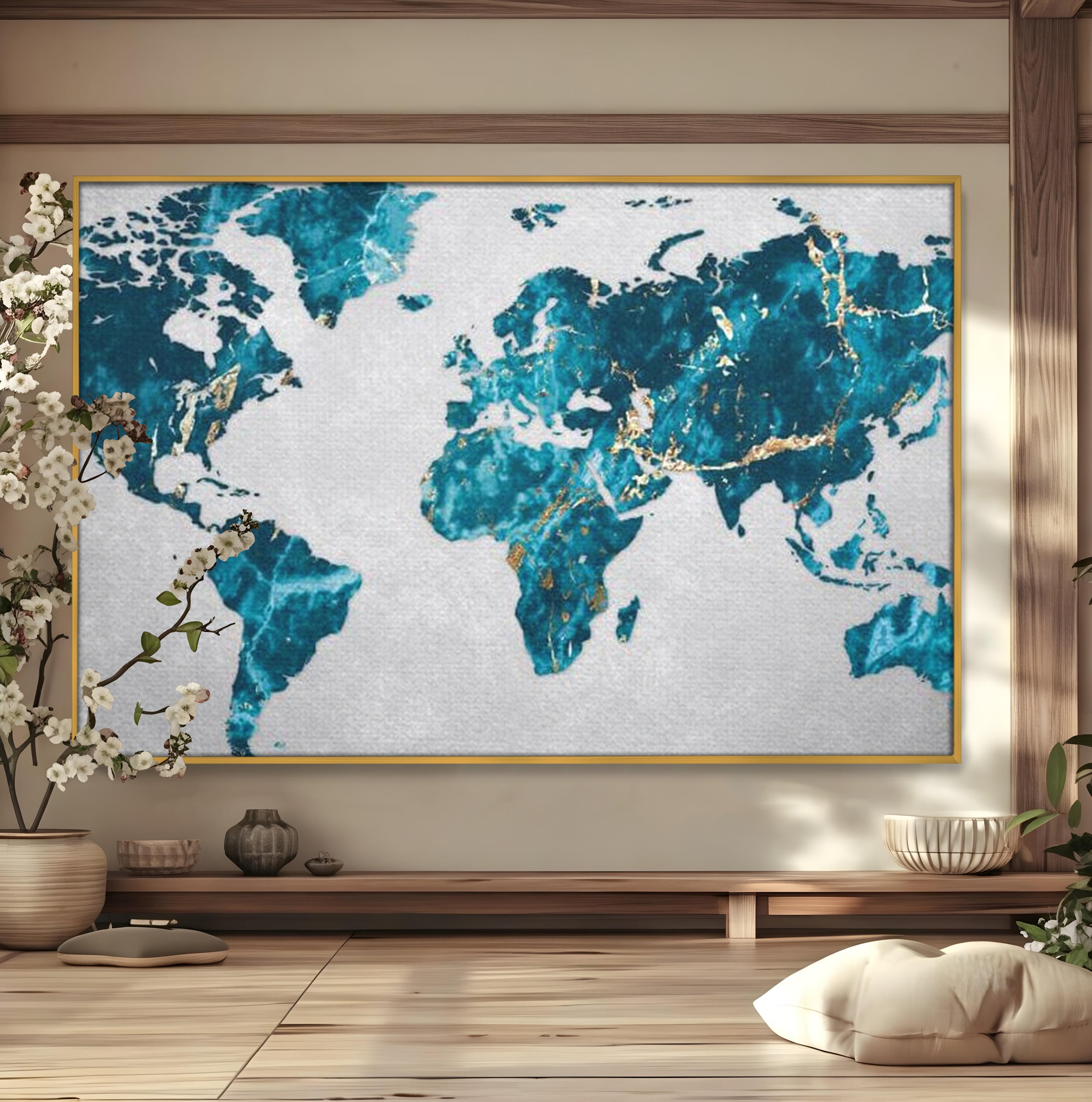 Tablou Canvas Premium, LuxCanva® L1012, Atlas de Safir, Harta, Albastru, Marmura, Auriu, Arta, Geografie, Birou, Living, Camera Copii