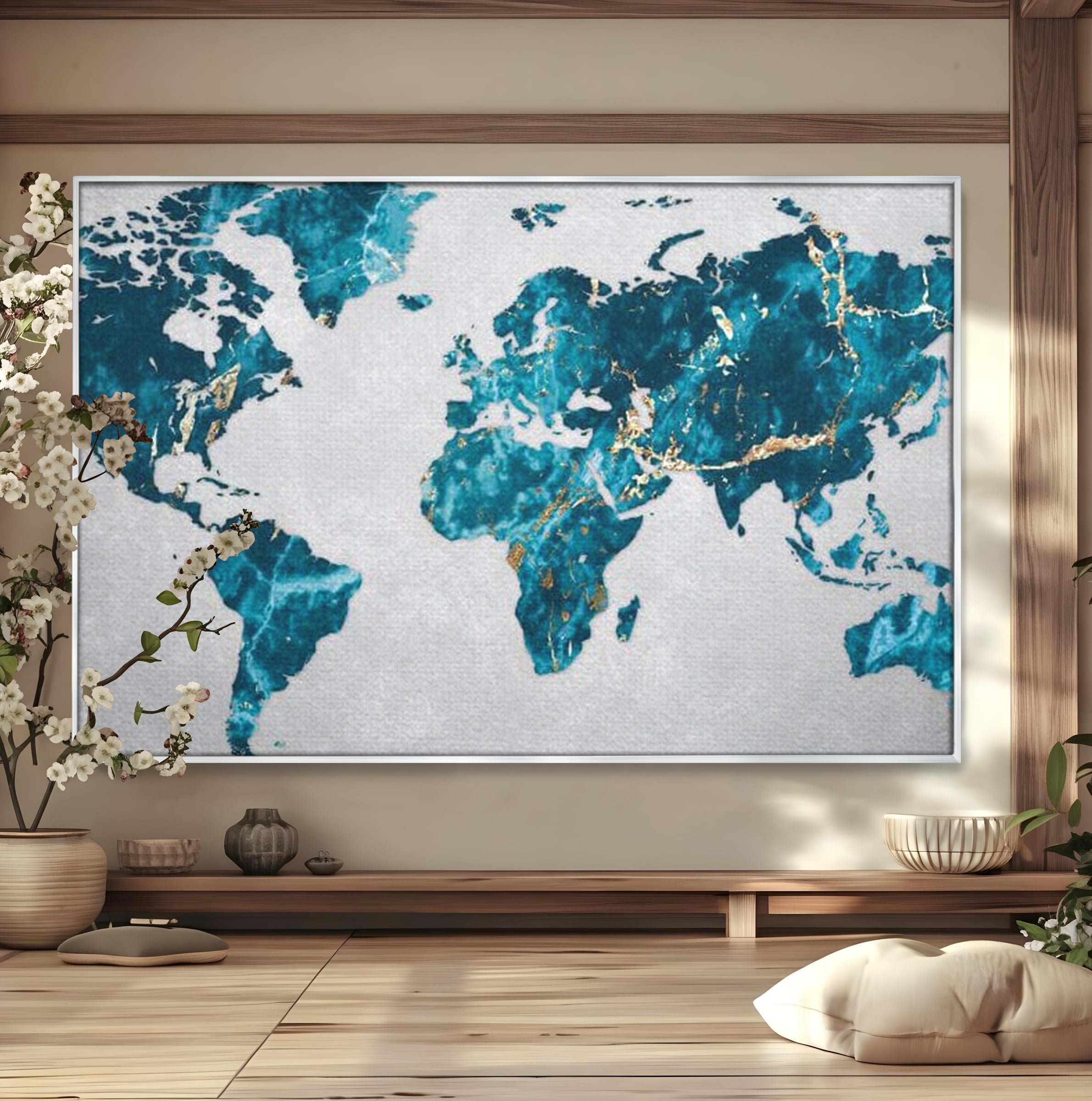 Tablou Canvas Premium, LuxCanva® L1012, Atlas de Safir, Harta, Albastru, Marmura, Auriu, Arta, Geografie, Birou, Living, Camera Copii