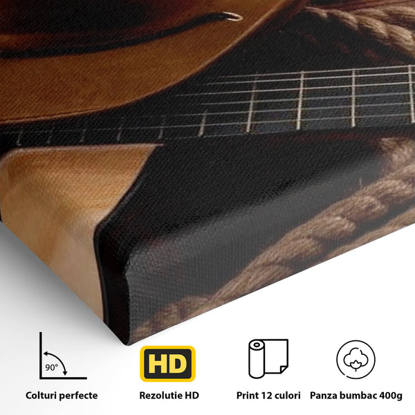 Tablou Canvas Premium, LuxCanva® L1014, Balada Vestului Salbatic, Drapel, Tara, Cultura, American, Palarie, Chitara, Birou, Living, Camera Copii