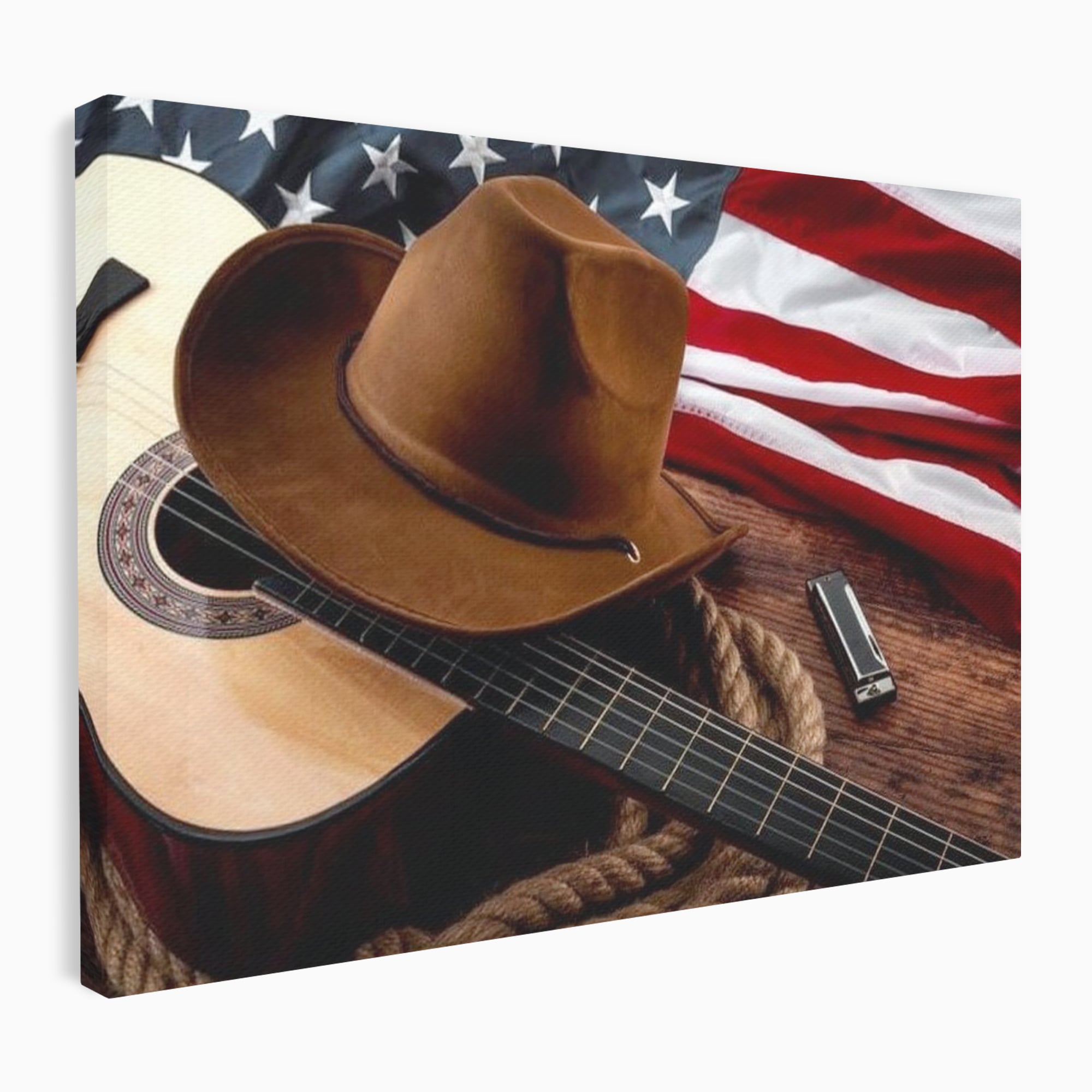 Tablou Canvas Premium, LuxCanva® L1014, Balada Vestului Salbatic, Drapel, Tara, Cultura, American, Palarie, Chitara, Birou, Living, Camera Copii