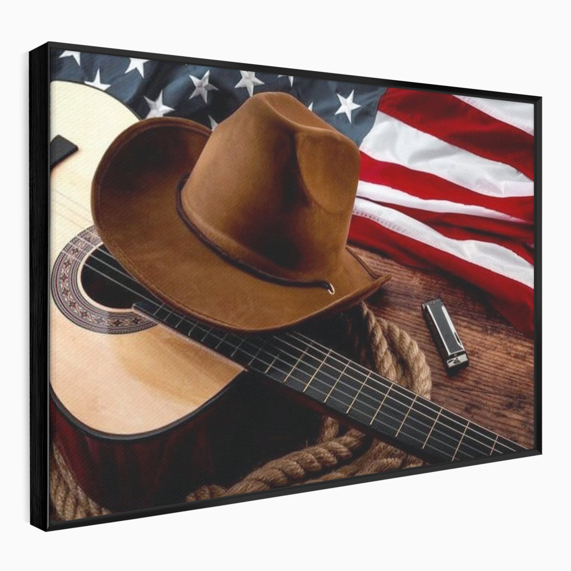 Tablou Canvas Premium, LuxCanva® L1014, Balada Vestului Salbatic, Drapel, Tara, Cultura, American, Palarie, Chitara, Birou, Living, Camera Copii