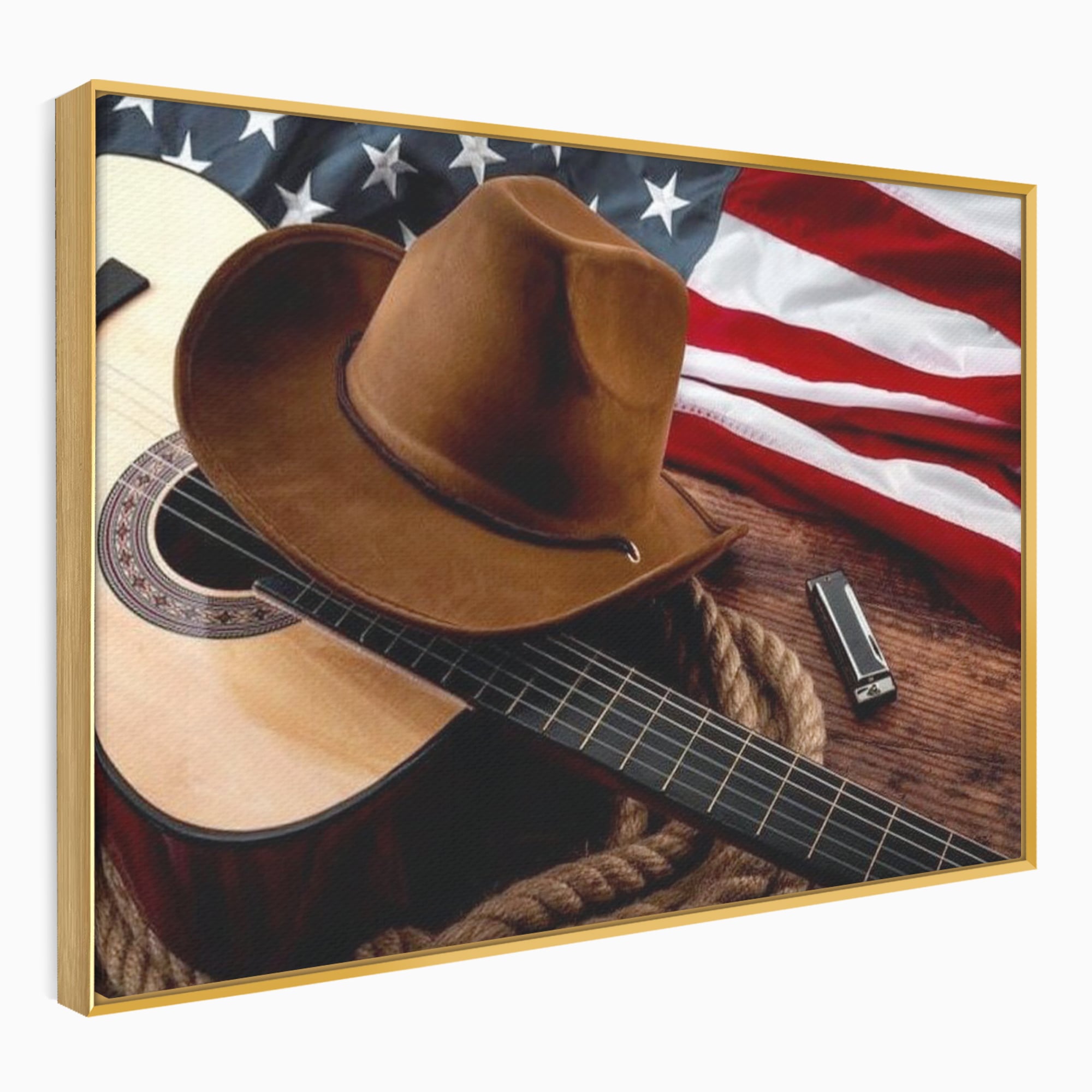 Tablou Canvas Premium, LuxCanva® L1014, Balada Vestului Salbatic, Drapel, Tara, Cultura, American, Palarie, Chitara, Birou, Living, Camera Copii