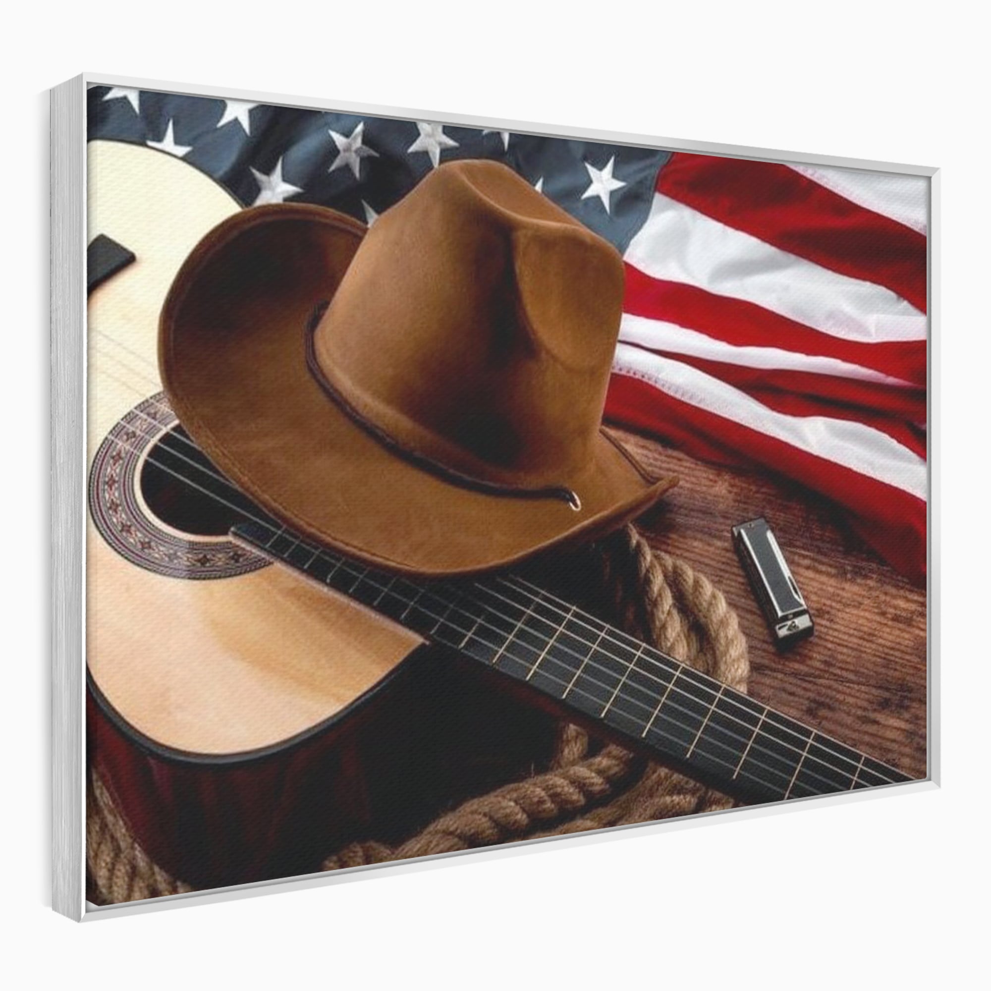 Tablou Canvas Premium, LuxCanva® L1014, Balada Vestului Salbatic, Drapel, Tara, Cultura, American, Palarie, Chitara, Birou, Living, Camera Copii