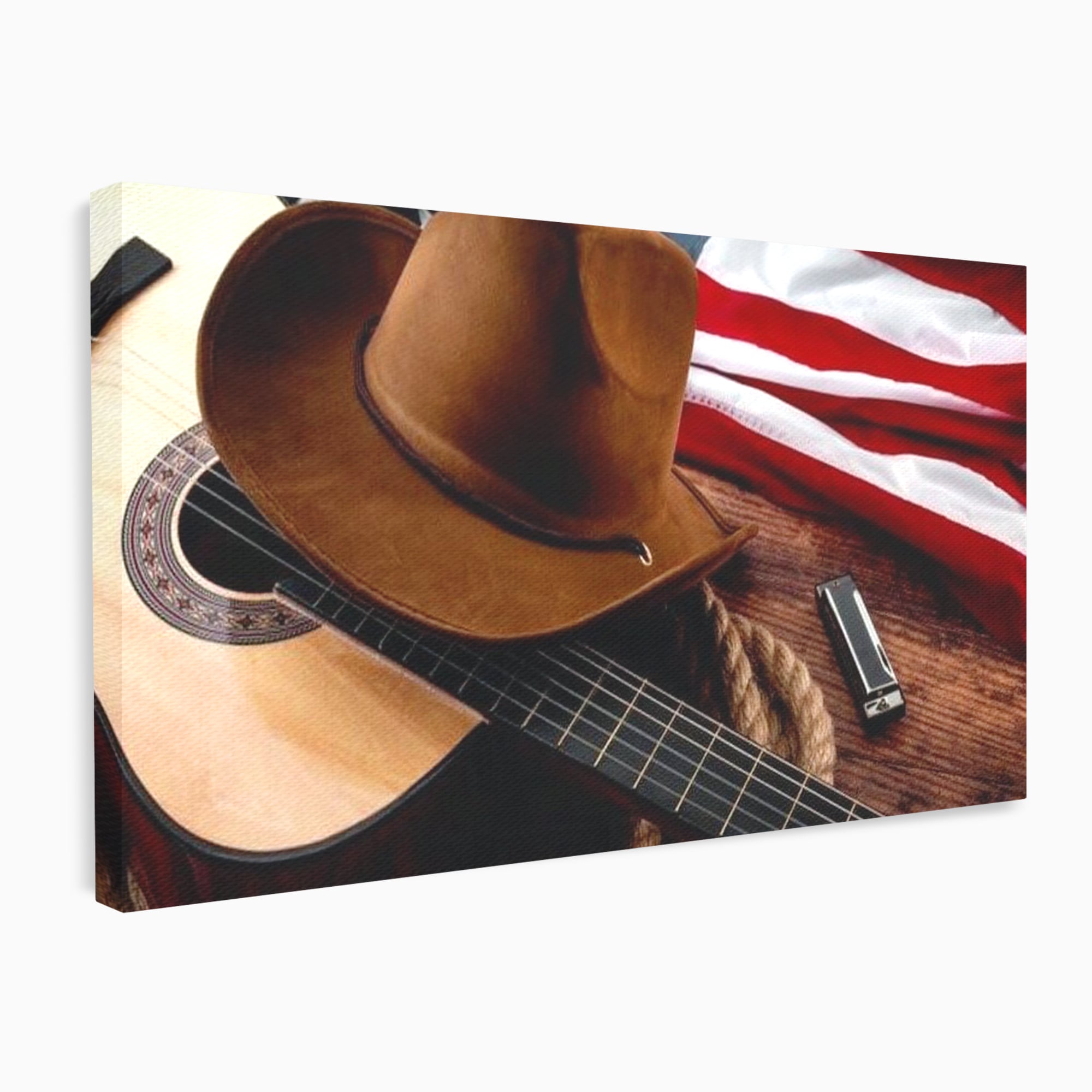 Tablou Canvas Premium, LuxCanva® L1014, Balada Vestului Salbatic, Drapel, Tara, Cultura, American, Palarie, Chitara, Birou, Living, Camera Copii