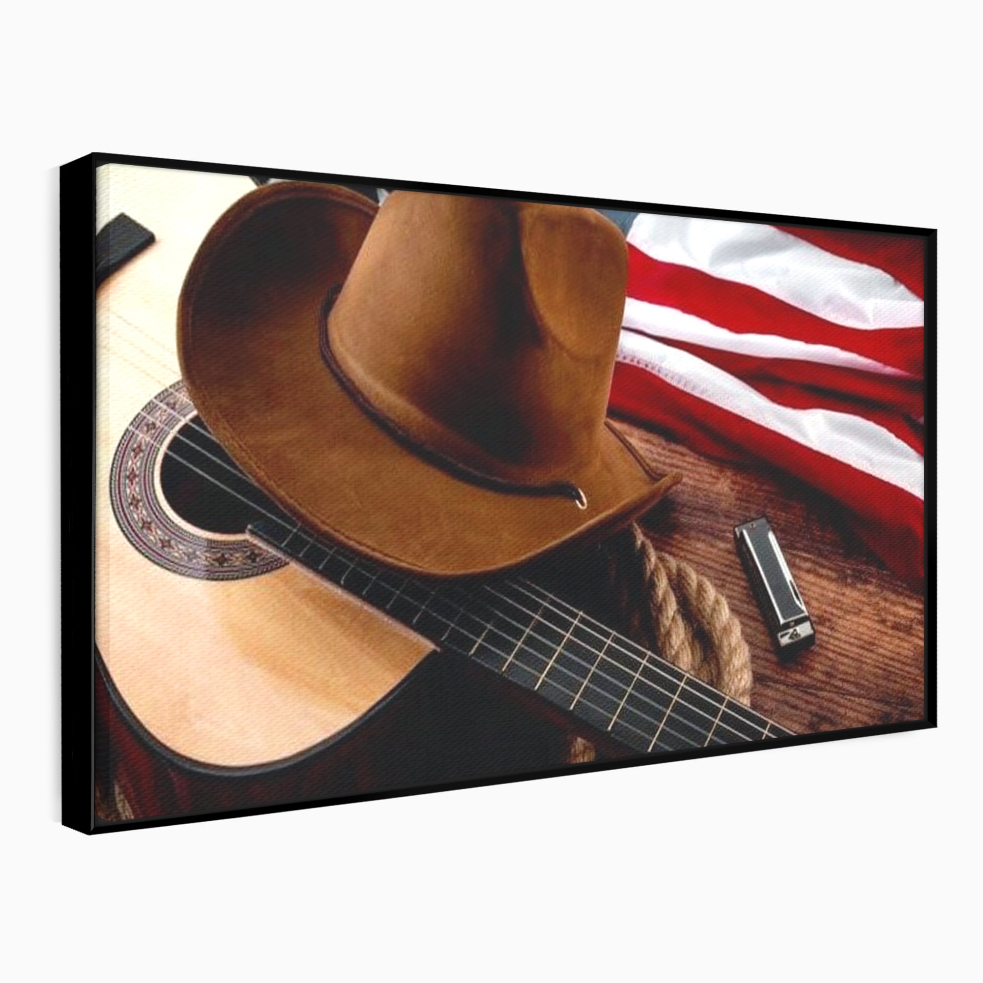 Tablou Canvas Premium, LuxCanva® L1014, Balada Vestului Salbatic, Drapel, Tara, Cultura, American, Palarie, Chitara, Birou, Living, Camera Copii