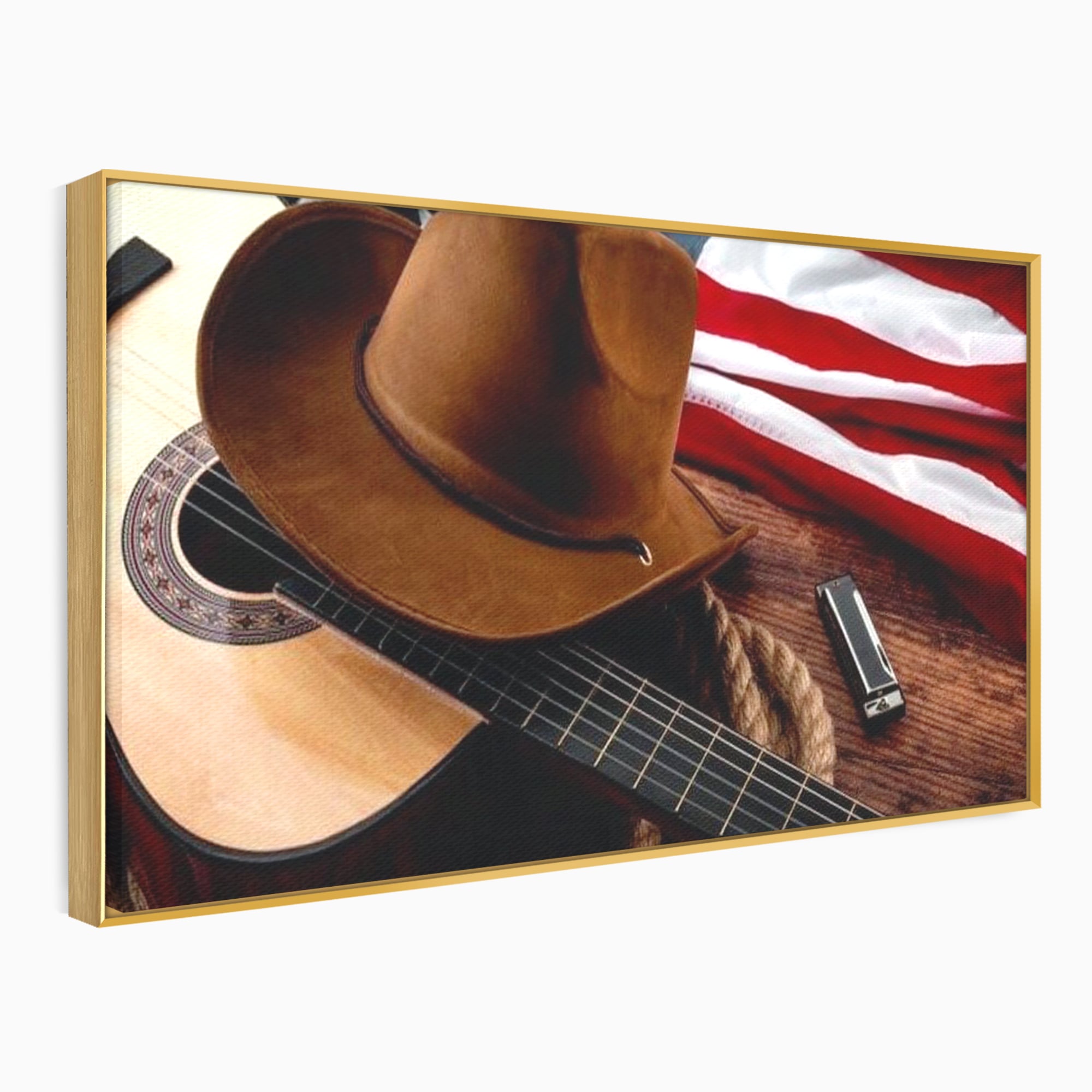 Tablou Canvas Premium, LuxCanva® L1014, Balada Vestului Salbatic, Drapel, Tara, Cultura, American, Palarie, Chitara, Birou, Living, Camera Copii