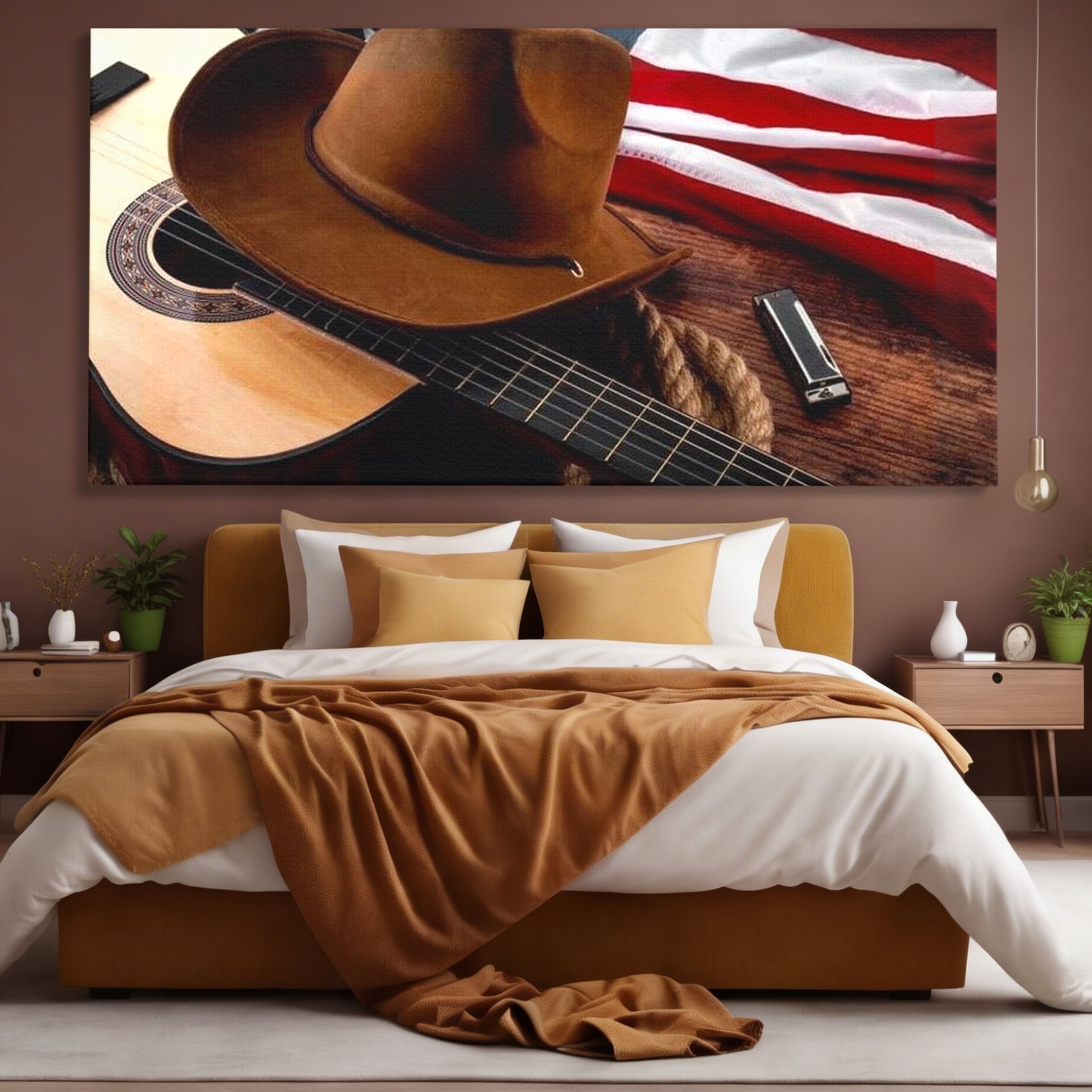 Tablou Canvas Premium, LuxCanva® L1014, Balada Vestului Salbatic, Drapel, Tara, Cultura, American, Palarie, Chitara, Birou, Living, Camera Copii