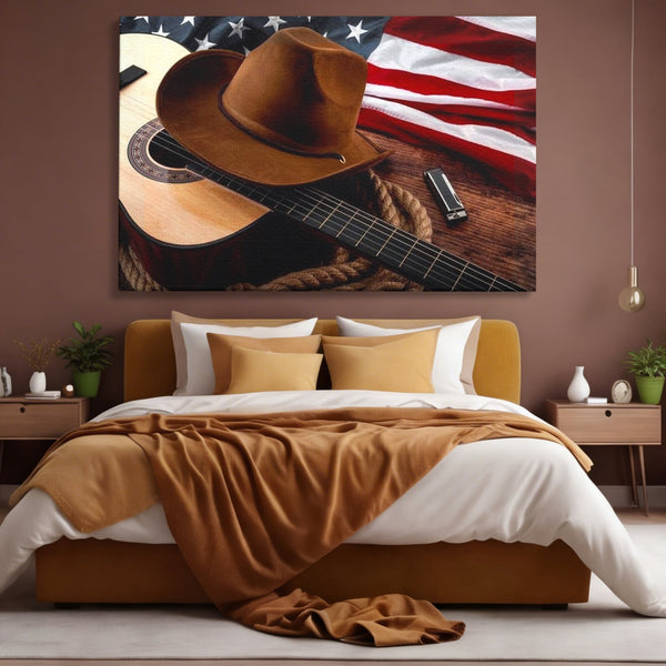 Tablou Canvas Premium, LuxCanva® L1014, Balada Vestului Salbatic, Drapel, Tara, Cultura, American, Palarie, Chitara, Birou, Living, Camera Copii