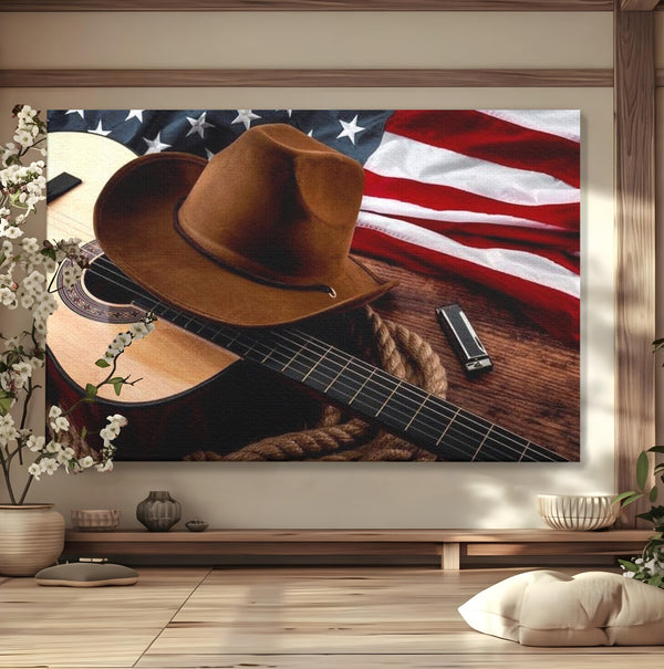 Tablou Canvas Premium, LuxCanva® L1014, Balada Vestului Salbatic, Drapel, Tara, Cultura, American, Palarie, Chitara, Birou, Living, Camera Copii