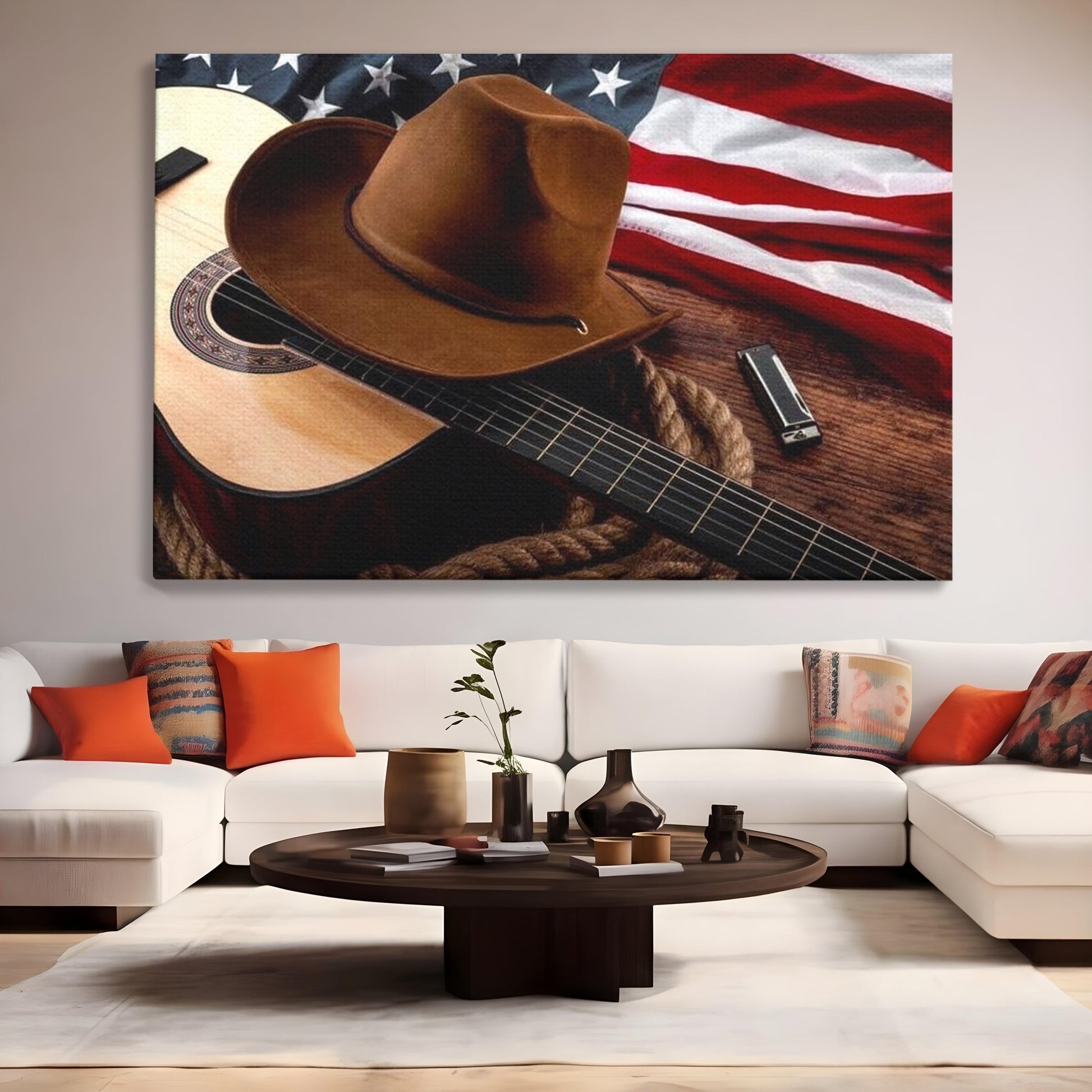 Tablou Canvas Premium, LuxCanva® L1014, Balada Vestului Salbatic, Drapel, Tara, Cultura, American, Palarie, Chitara, Birou, Living, Camera Copii