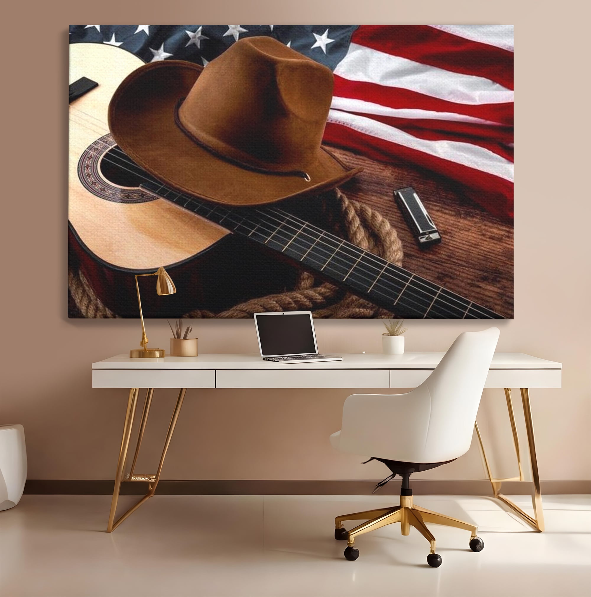 Tablou Canvas Premium, LuxCanva® L1014, Balada Vestului Salbatic, Drapel, Tara, Cultura, American, Palarie, Chitara, Birou, Living, Camera Copii