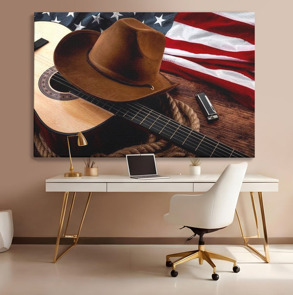Tablou Canvas Premium, LuxCanva® L1014, Balada Vestului Salbatic, Drapel, Tara, Cultura, American, Palarie, Chitara, Birou, Living, Camera Copii