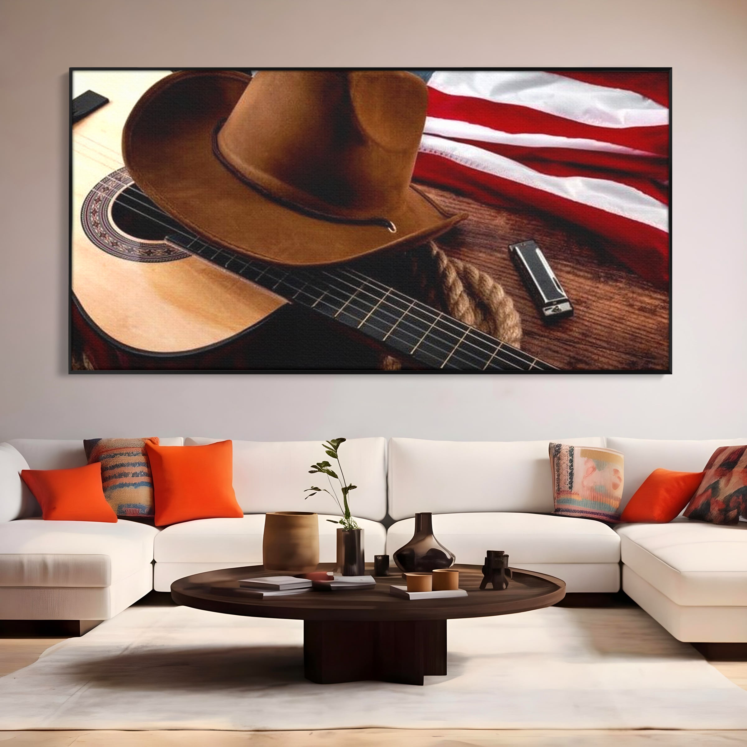Tablou Canvas Premium, LuxCanva® L1014, Balada Vestului Salbatic, Drapel, Tara, Cultura, American, Palarie, Chitara, Birou, Living, Camera Copii