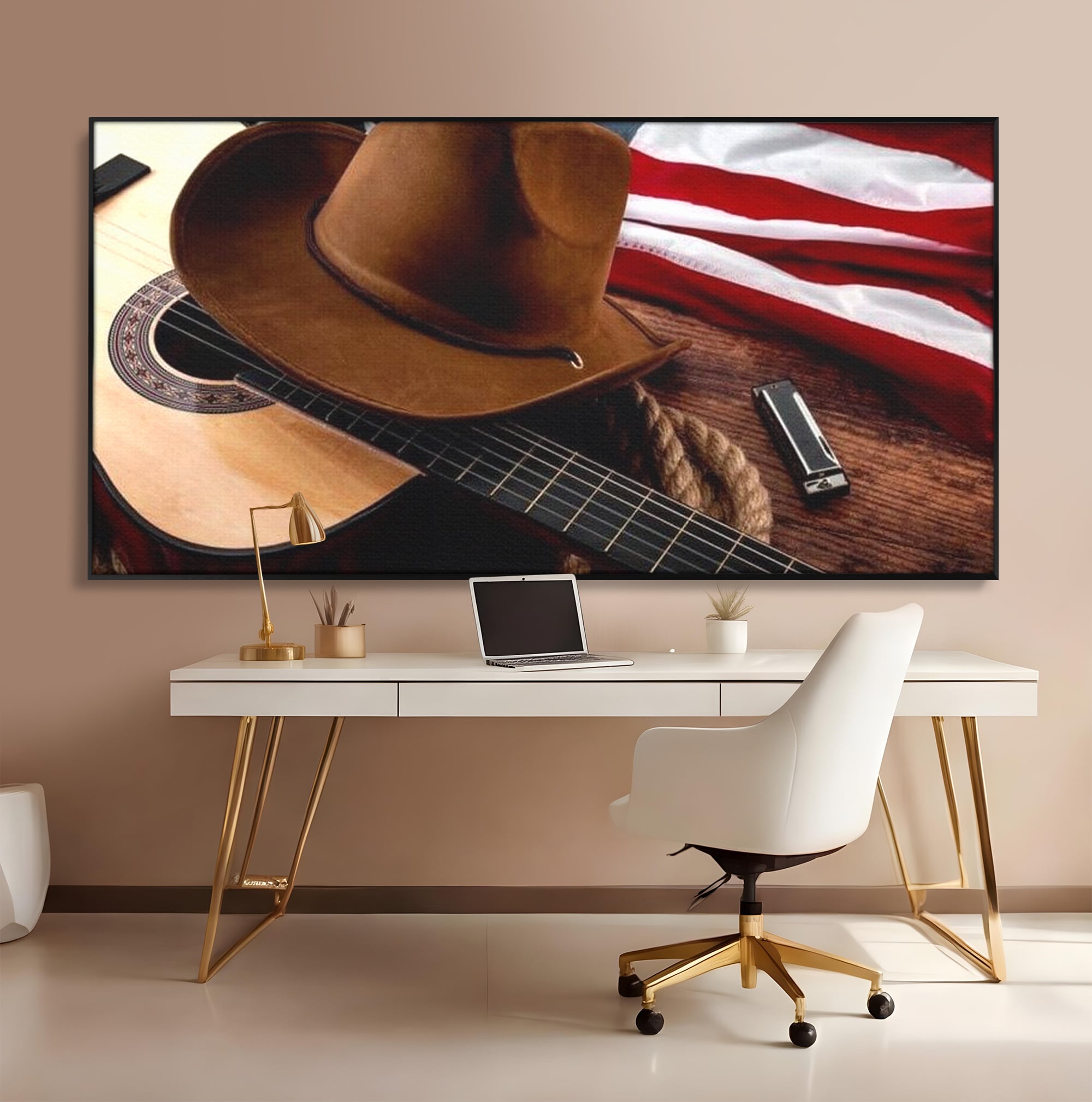 Tablou Canvas Premium, LuxCanva® L1014, Balada Vestului Salbatic, Drapel, Tara, Cultura, American, Palarie, Chitara, Birou, Living, Camera Copii