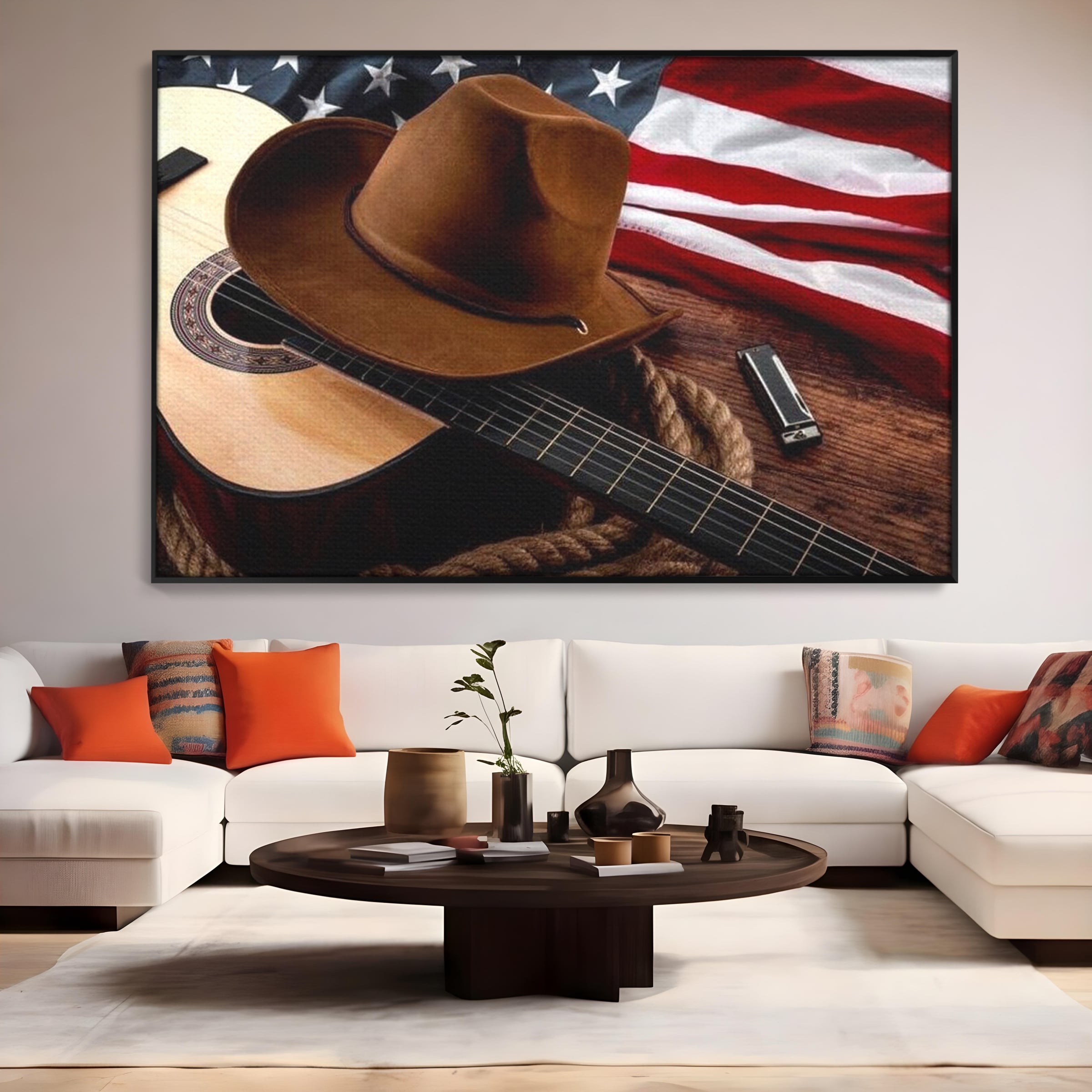 Tablou Canvas Premium, LuxCanva® L1014, Balada Vestului Salbatic, Drapel, Tara, Cultura, American, Palarie, Chitara, Birou, Living, Camera Copii