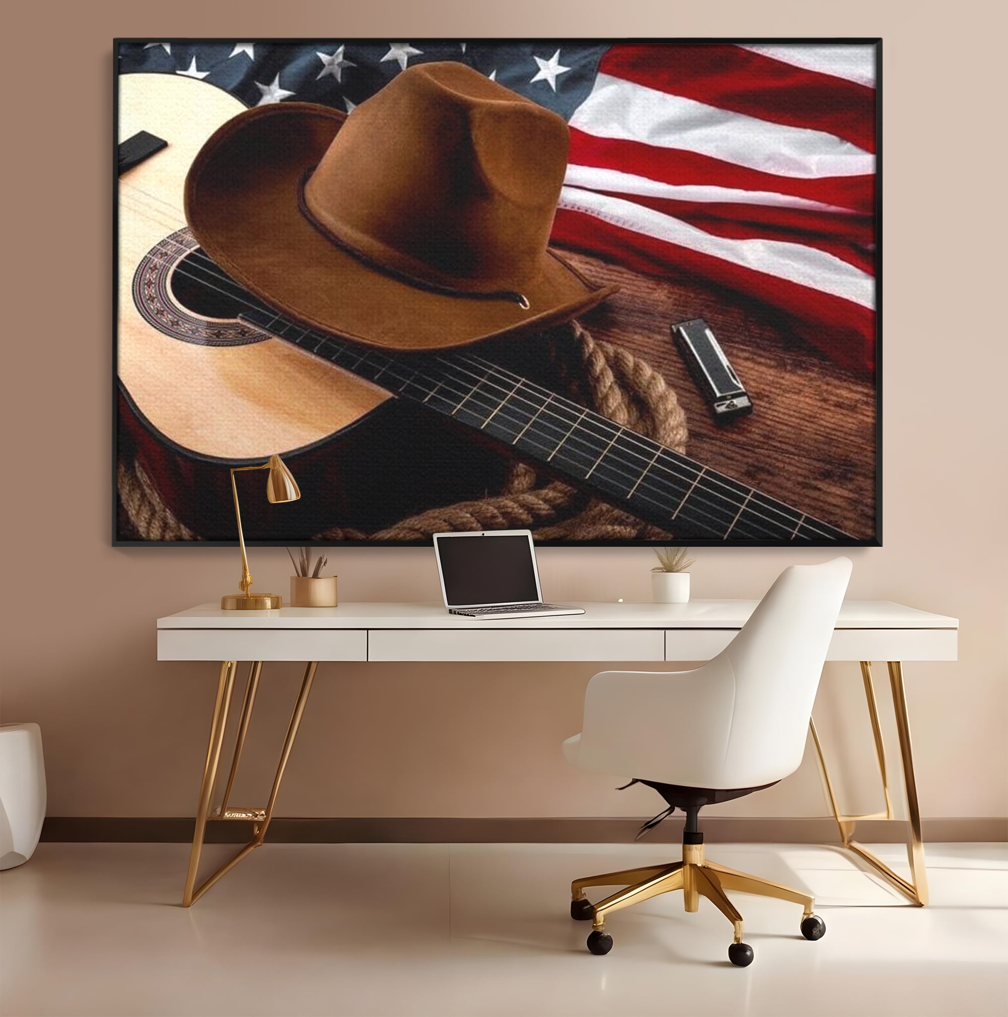 Tablou Canvas Premium, LuxCanva® L1014, Balada Vestului Salbatic, Drapel, Tara, Cultura, American, Palarie, Chitara, Birou, Living, Camera Copii